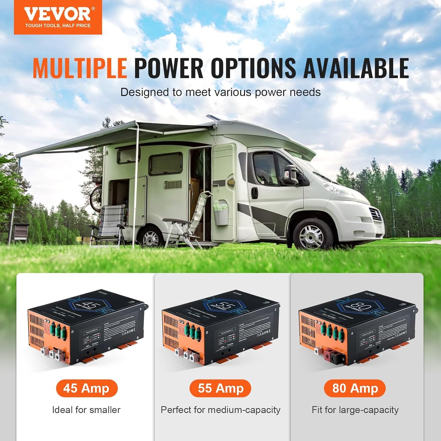 image:imageVEVOR RV Converter 45 Amp 110V AC to 12V DC RV Power Converter Battery Charger with 4 Stage Smart Charging 13V to 165V Adjustable Operating Range Compatible with Lithium Lead Acid Battery ETL80 Amp