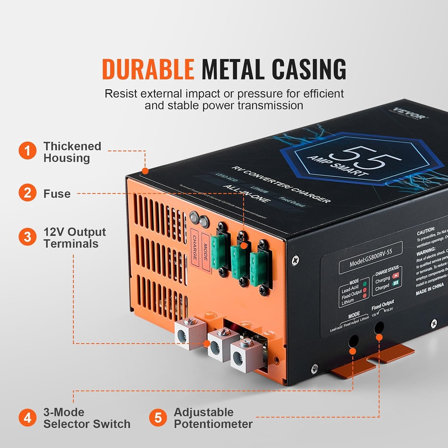 image:imageVEVOR RV Converter 45 Amp 110V AC to 12V DC RV Power Converter Battery Charger with 4 Stage Smart Charging 13V to 165V Adjustable Operating Range Compatible with Lithium Lead Acid Battery ETL55 Amp