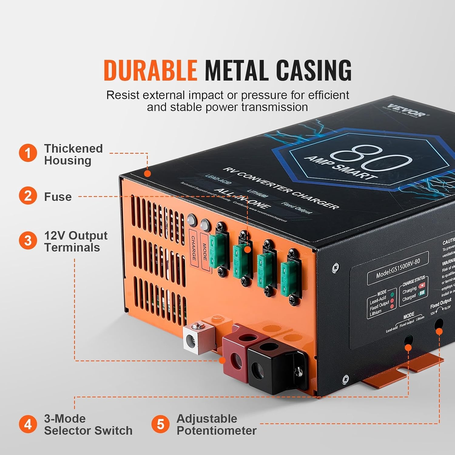 image:imageVEVOR RV Converter 45 Amp 110V AC to 12V DC RV Power Converter Battery Charger with 4 Stage Smart Charging 13V to 165V Adjustable Operating Range Compatible with Lithium Lead Acid Battery ETL80 Amp