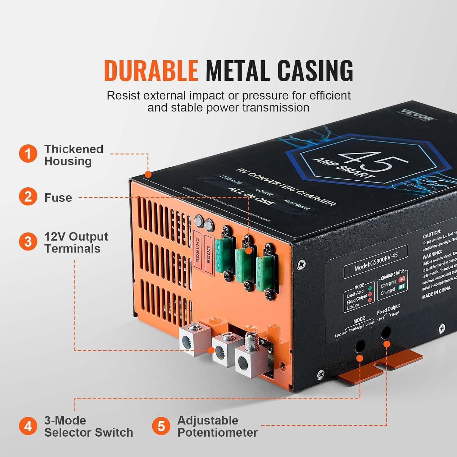 image:imageVEVOR RV Converter 45 Amp 110V AC to 12V DC RV Power Converter Battery Charger with 4 Stage Smart Charging 13V to 165V Adjustable Operating Range Compatible with Lithium Lead Acid Battery ETL45 Amp