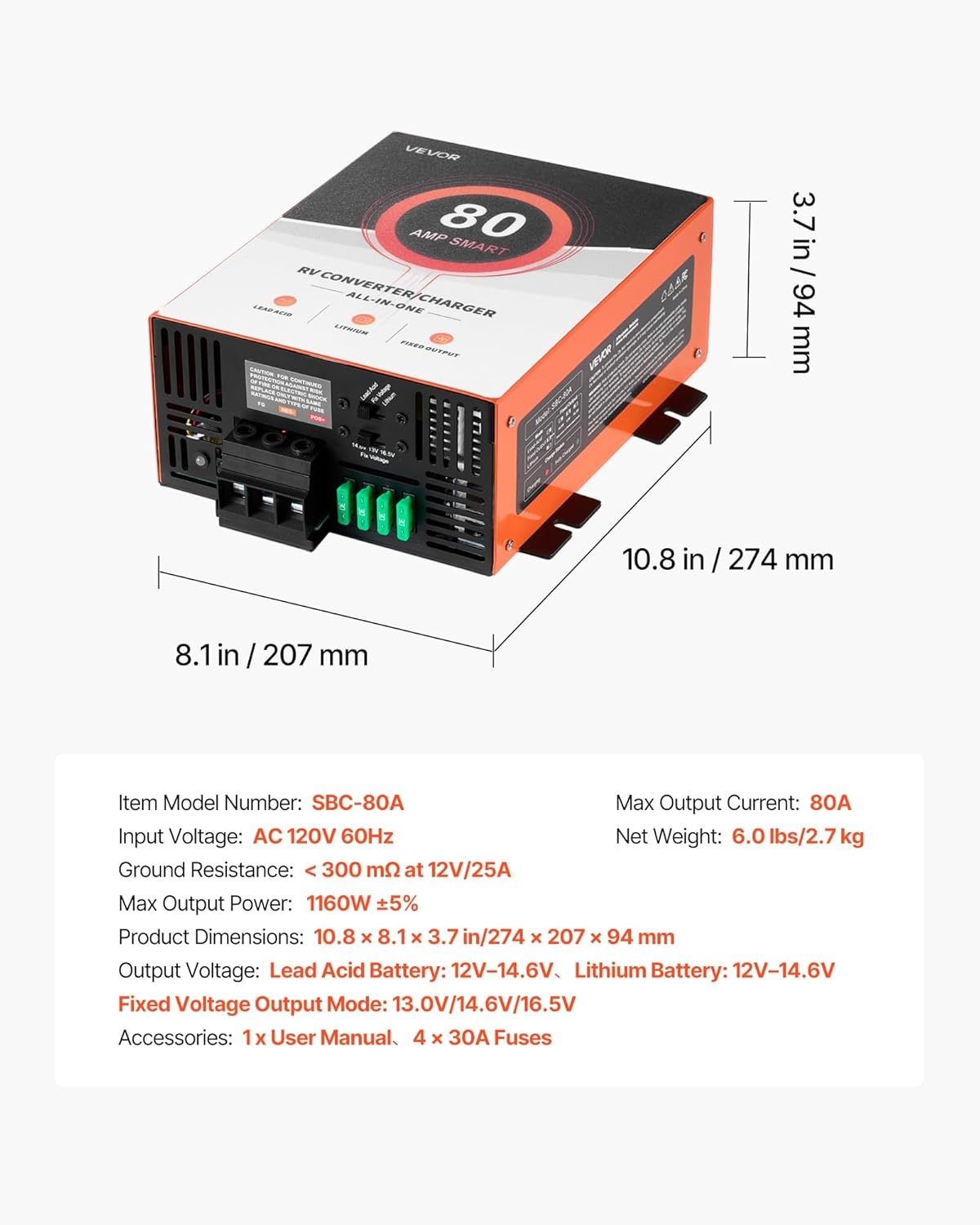 image:imageVEVOR RV Power Converter 65 Amp 110V AC to 12V DC RV Converter Battery Charger Multi Stage Smart Charging 13V to 165V Operating Range Compatible with Lithium amp Lead Acid Battery for Camper80A