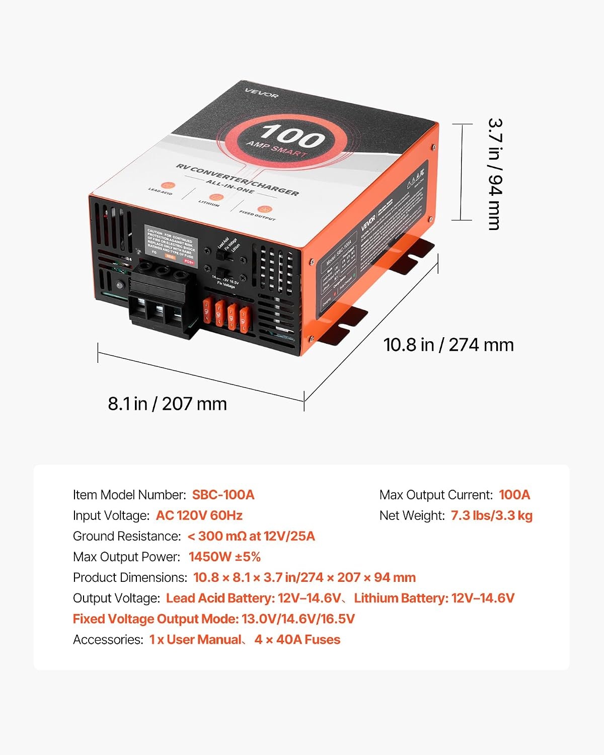 image:imageVEVOR RV Power Converter 65 Amp 110V AC to 12V DC RV Converter Battery Charger Multi Stage Smart Charging 13V to 165V Operating Range Compatible with Lithium amp Lead Acid Battery for Camper100A