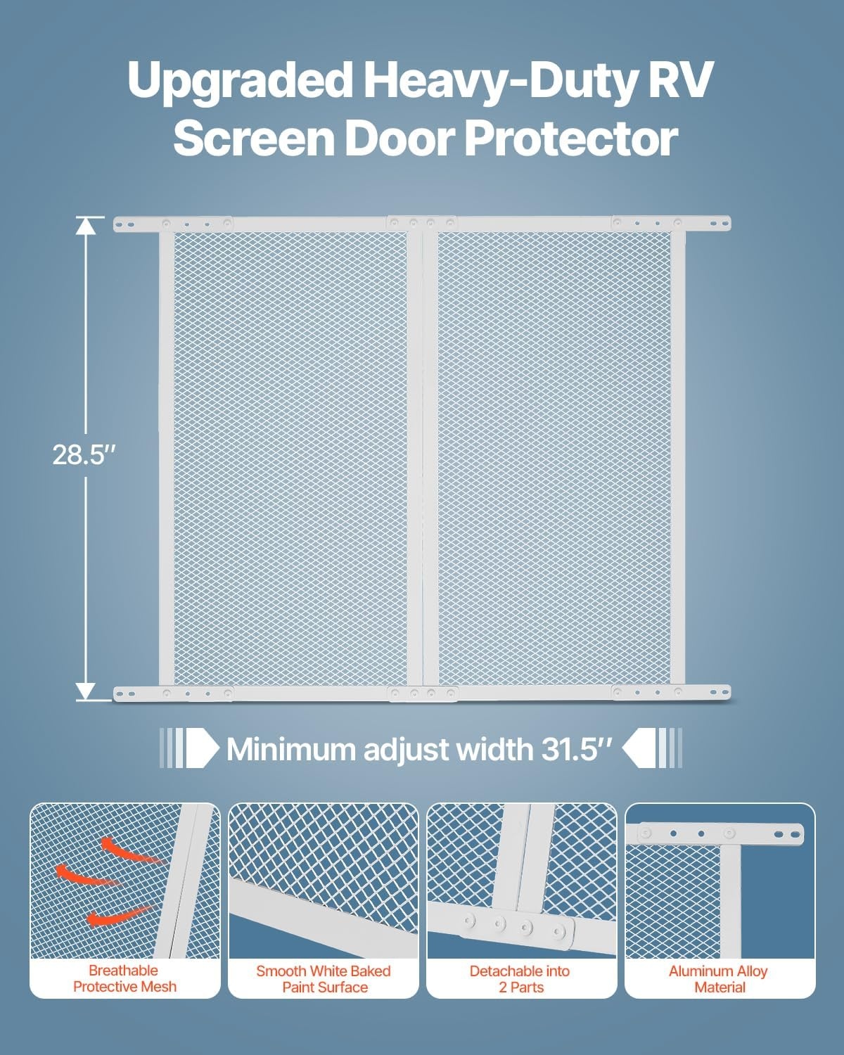 image:imageVEVOR RV Screen Door Protector 225 x 20 inch Door Grille Easy to Install and Disassemble Reinforced Breathable Protective Mesh Aluminum Alloy Camper RV Entry Protector for Pet Protection Black285 x 315 in