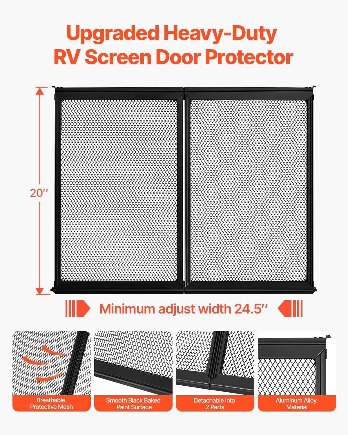 image:imageVEVOR RV Screen Door Protector 225 x 20 inch Door Grille Easy to Install and Disassemble Reinforced Breathable Protective Mesh Aluminum Alloy Camper RV Entry Protector for Pet Protection Black20 x 245 in