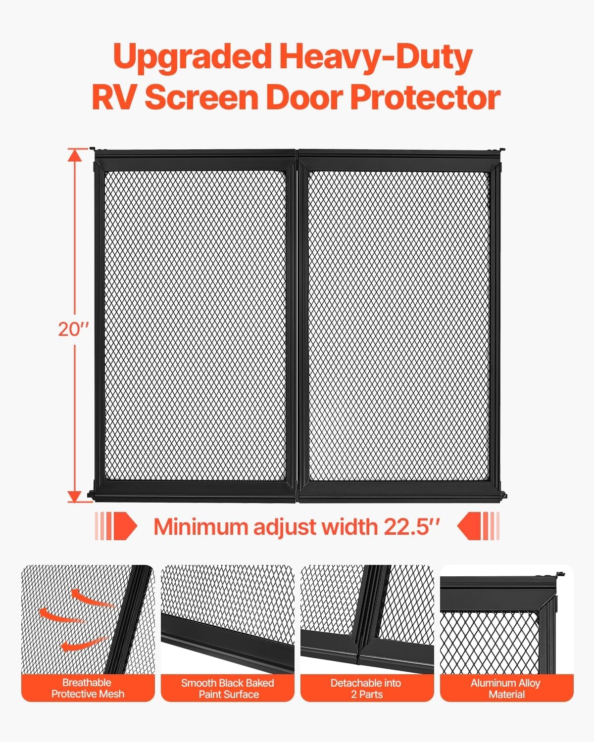 image:imageVEVOR RV Screen Door Protector 225 x 20 inch Door Grille Easy to Install and Disassemble Reinforced Breathable Protective Mesh Aluminum Alloy Camper RV Entry Protector for Pet Protection Black20 x 225 in