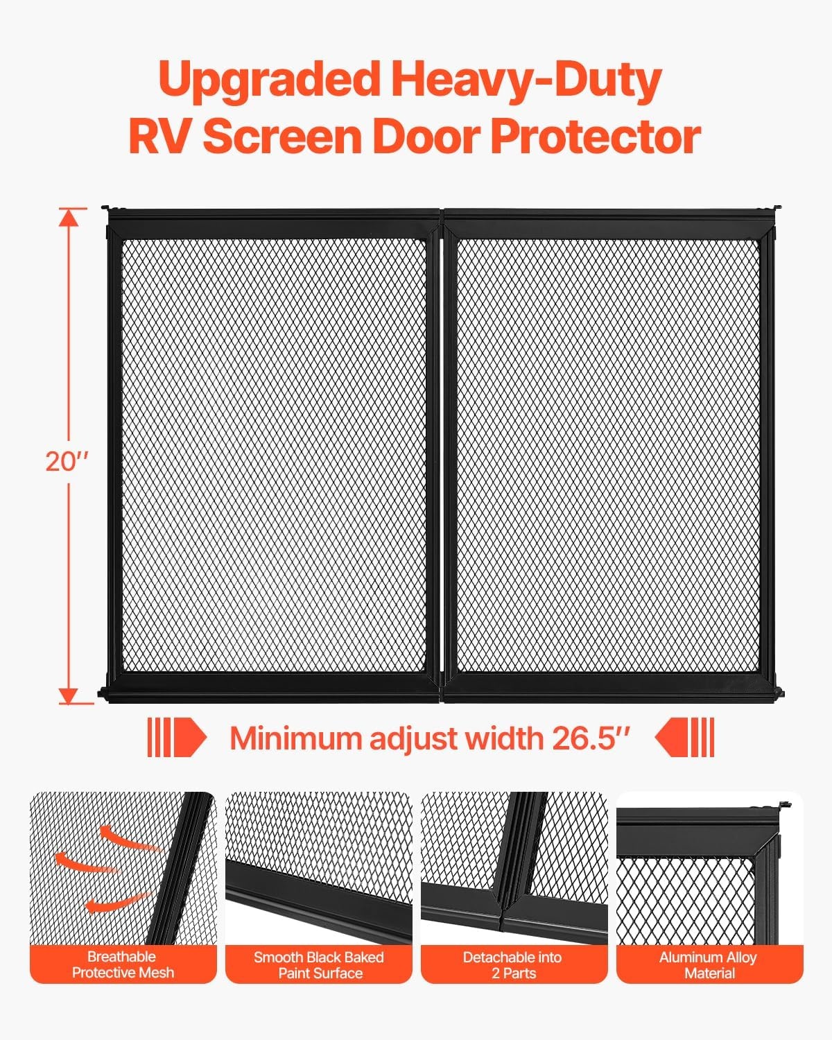 image:imageVEVOR RV Screen Door Protector 225 x 20 inch Door Grille Easy to Install and Disassemble Reinforced Breathable Protective Mesh Aluminum Alloy Camper RV Entry Protector for Pet Protection Black20 x 265 in