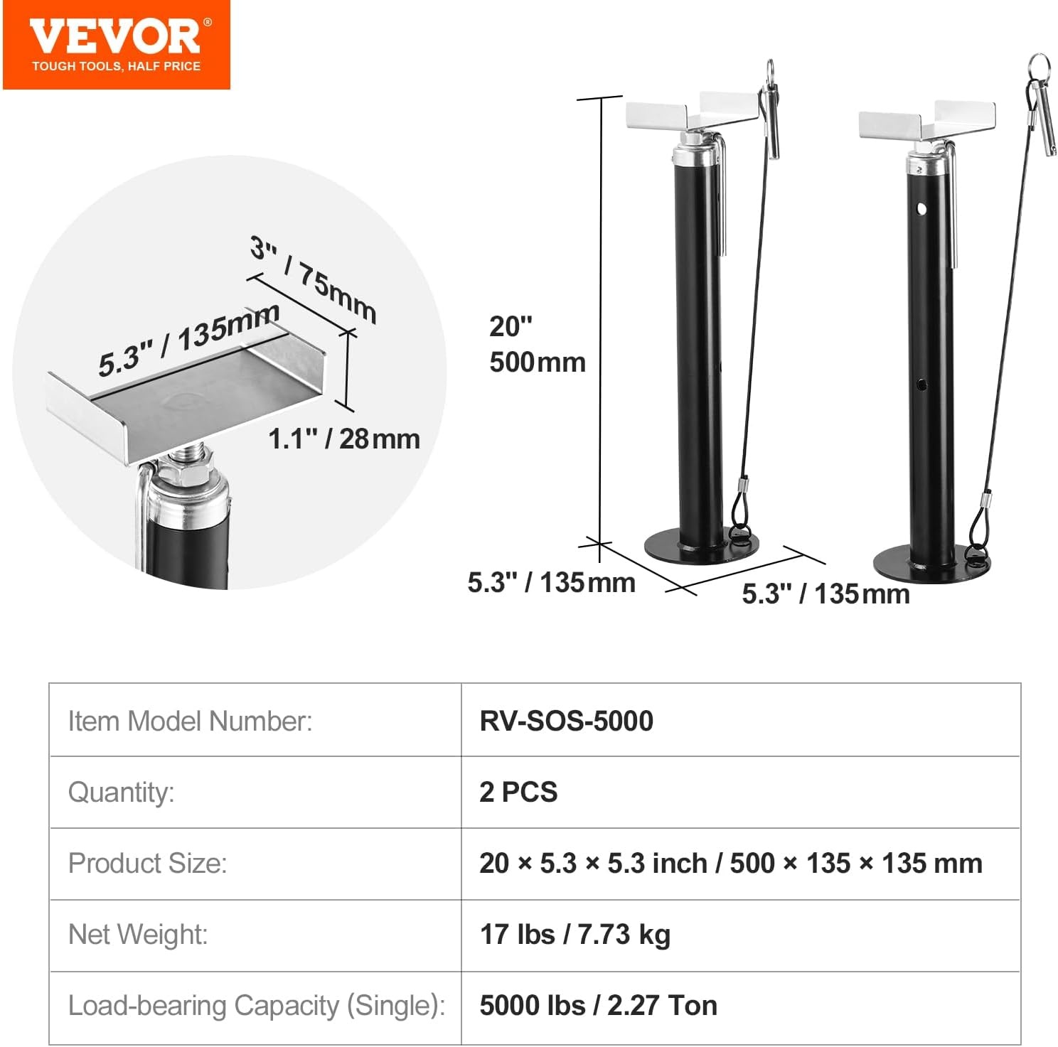 image:imageVEVOR RV Slide Out Support Jack 2 PCS Camper SlideOut Leveling Jack PowderCoated Steel Support Jacks for RV Camper Travel Trailer Supports Up to 1000lbs Adjustable from 213 inch to 48 inch5000 lbspcs