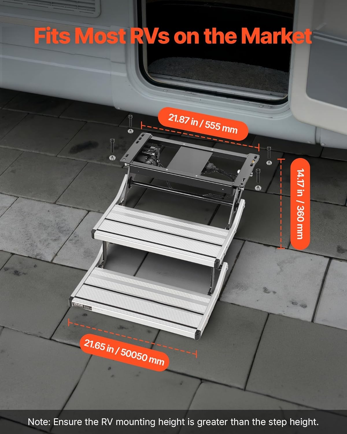 image:imageVEVOR RV Steps 2Step 440 lbs Load Capacity Electric Retractable RV Stairs Telescopic Folding Aluminum Alloy Camper Steps Steel Frame NonSlip Entry Stair for Camper Van Motorhome Travel Trailer2Step Electric Powered