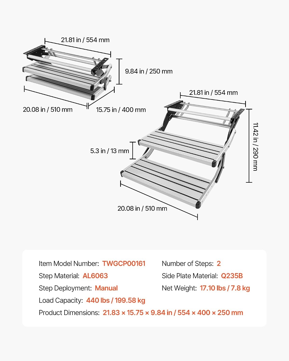 image:imageVEVOR RV Steps 2Step 440 lbs Load Capacity Electric Retractable RV Stairs Telescopic Folding Aluminum Alloy Camper Steps Steel Frame NonSlip Entry Stair for Camper Van Motorhome Travel Trailer2Step