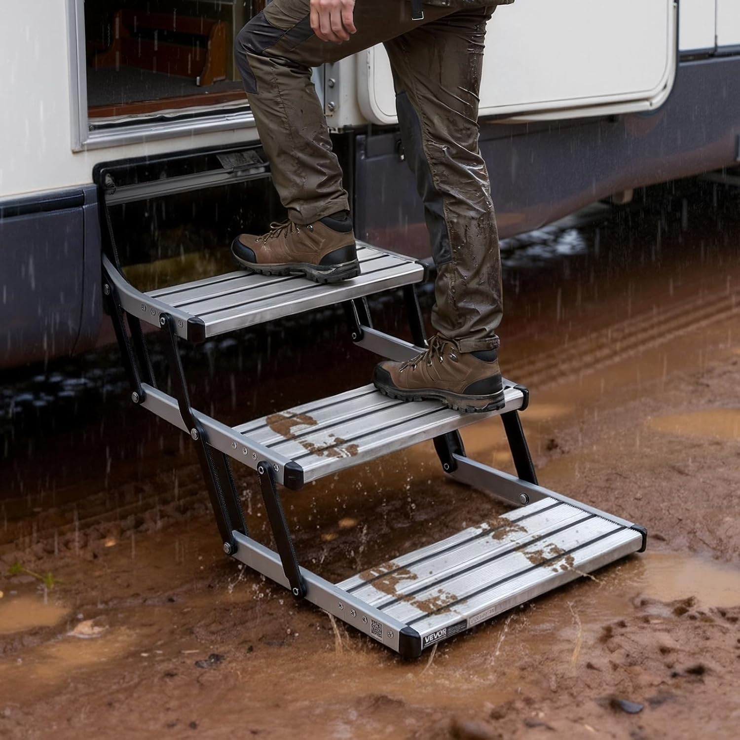 image:imageVEVOR RV Steps 2Step 440 lbs Load Capacity Electric Retractable RV Stairs Telescopic Folding Aluminum Alloy Camper Steps Steel Frame NonSlip Entry Stair for Camper Van Motorhome Travel Trailer3Step