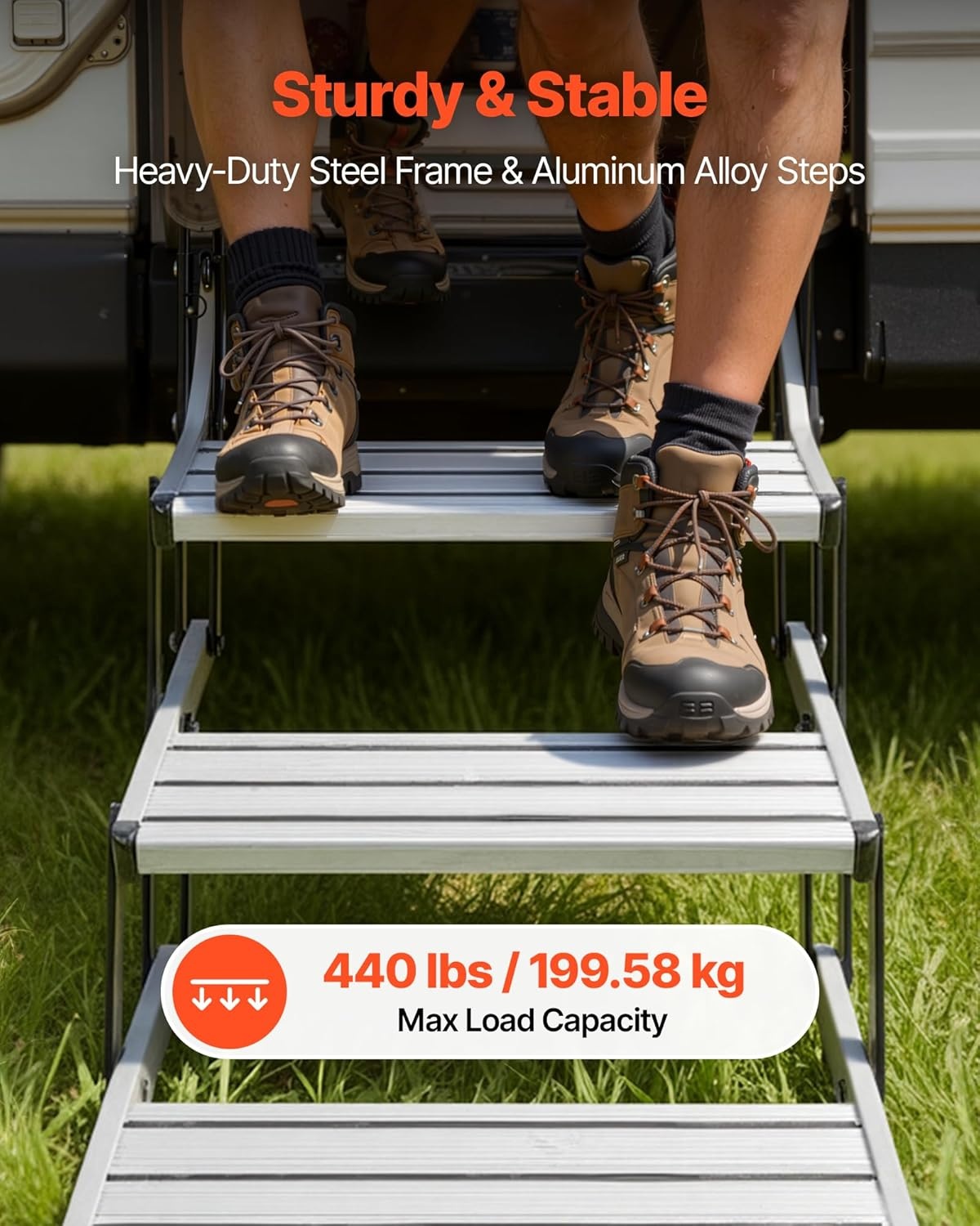 image:imageVEVOR RV Steps 2Step 440 lbs Load Capacity Electric Retractable RV Stairs Telescopic Folding Aluminum Alloy Camper Steps Steel Frame NonSlip Entry Stair for Camper Van Motorhome Travel Trailer3Step