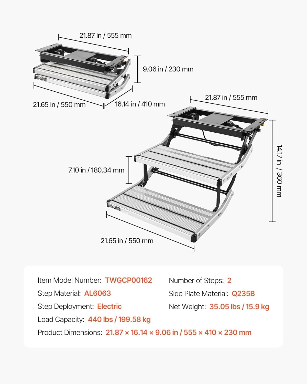 image:imageVEVOR RV Steps 2Step 440 lbs Load Capacity Electric Retractable RV Stairs Telescopic Folding Aluminum Alloy Camper Steps Steel Frame NonSlip Entry Stair for Camper Van Motorhome Travel Trailer2Step Electric Powered