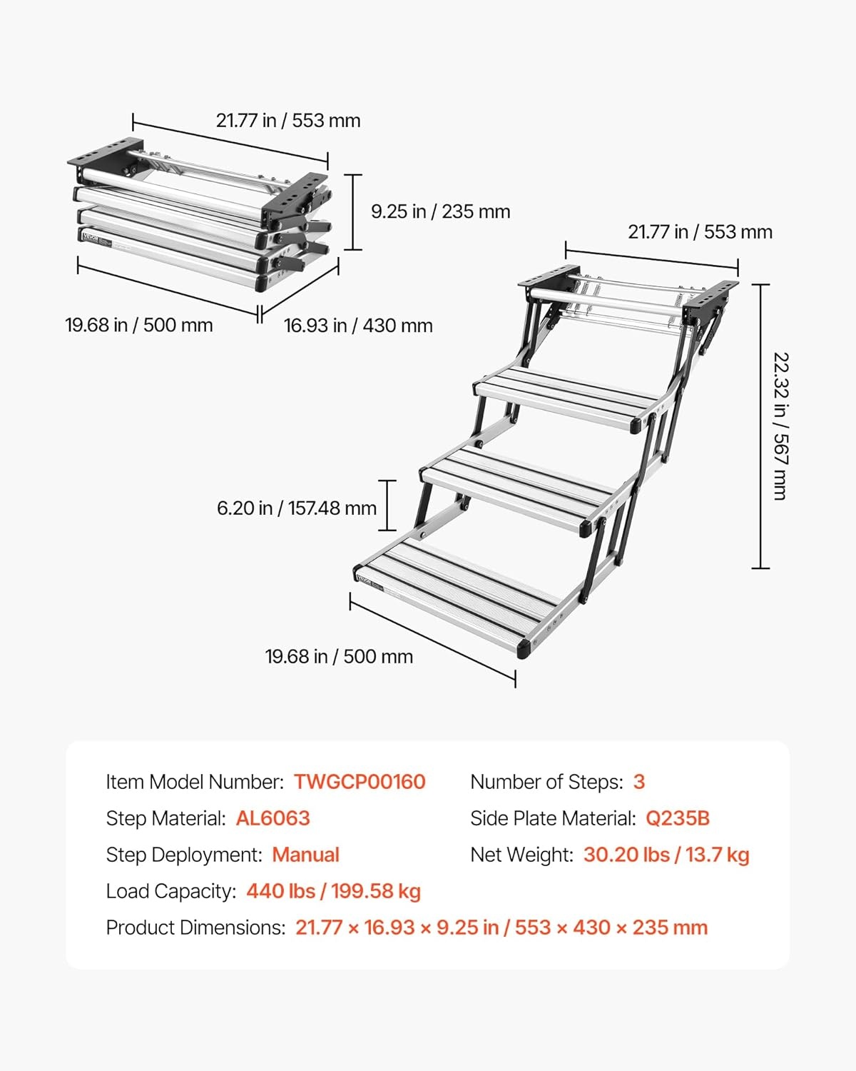 image:imageVEVOR RV Steps 2Step 440 lbs Load Capacity Electric Retractable RV Stairs Telescopic Folding Aluminum Alloy Camper Steps Steel Frame NonSlip Entry Stair for Camper Van Motorhome Travel Trailer3Step