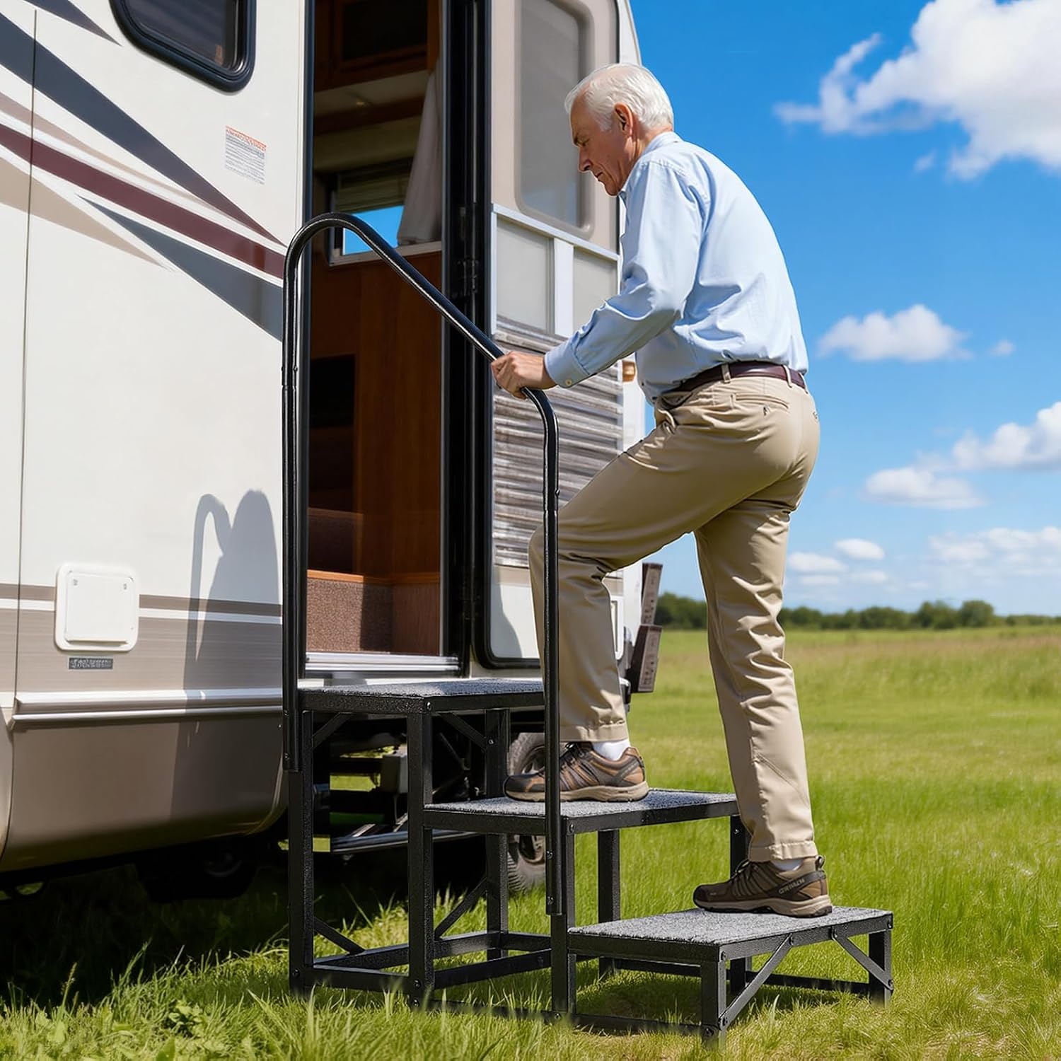 image:imageVEVOR RV Steps with Handrail 4 Steps 660 lbs Load Capacity Heavy Duty Outdoor RV Stairs with NonSlip Mat for Elderly and Pets Portable Stairs for Hot Tub Camper Mobile Home Porch Pool SPA3Step