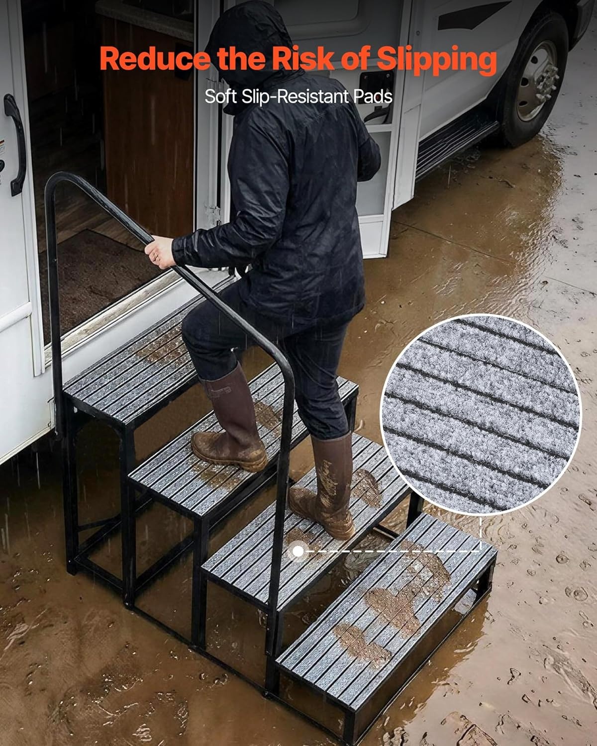image:imageVEVOR RV Steps with Handrail 4 Steps 660 lbs Load Capacity Heavy Duty Outdoor RV Stairs with NonSlip Mat for Elderly and Pets Portable Stairs for Hot Tub Camper Mobile Home Porch Pool SPA4Step