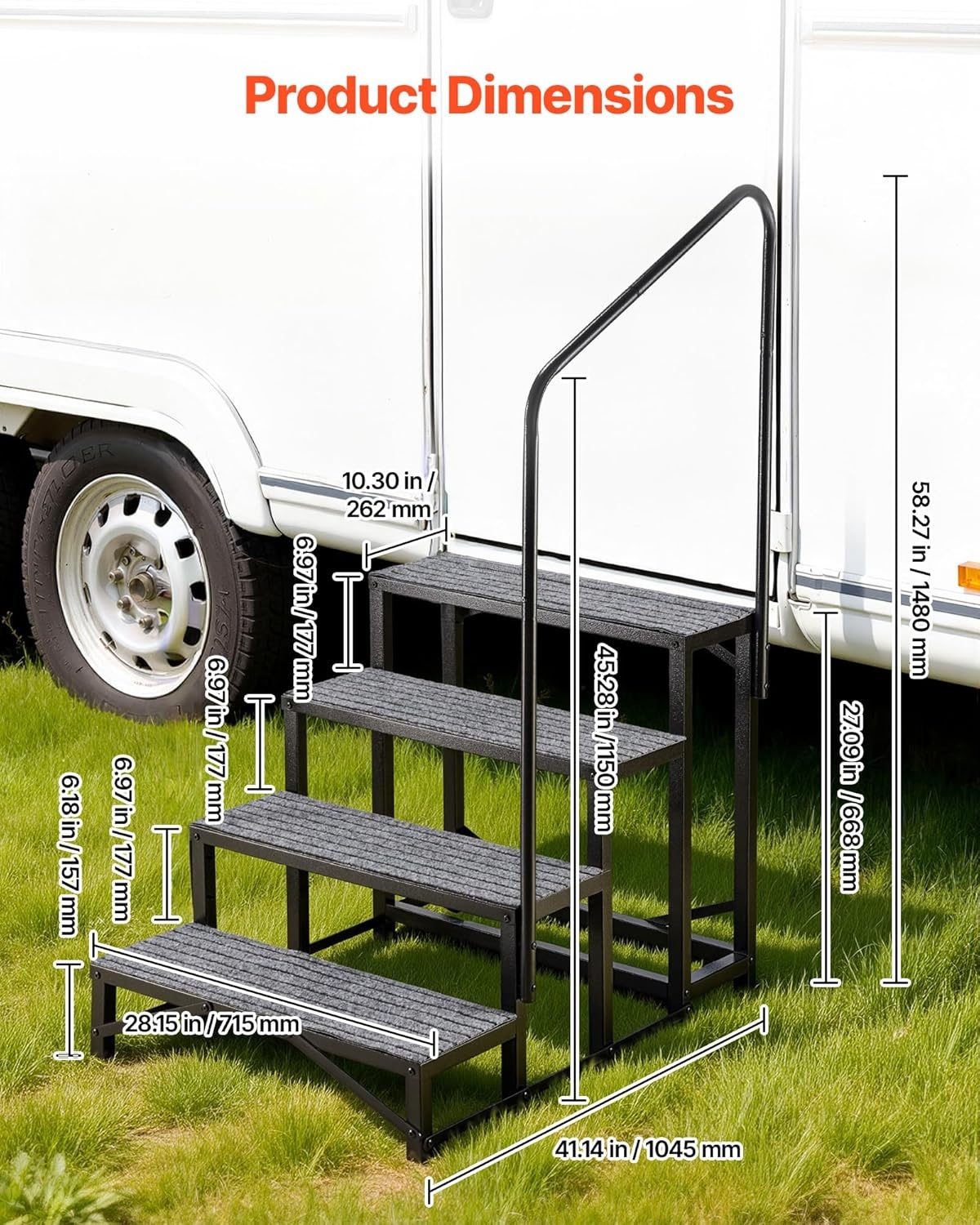 image:imageVEVOR RV Steps with Handrail 4 Steps 660 lbs Load Capacity Heavy Duty Outdoor RV Stairs with NonSlip Mat for Elderly and Pets Portable Stairs for Hot Tub Camper Mobile Home Porch Pool SPA4Step