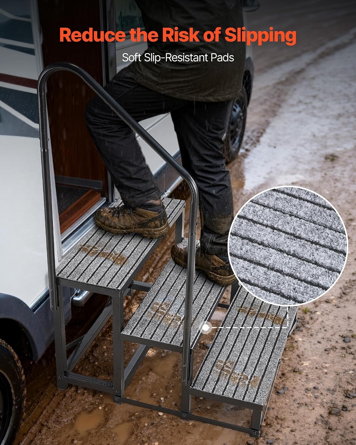 image:imageVEVOR RV Steps with Handrail 4 Steps 660 lbs Load Capacity Heavy Duty Outdoor RV Stairs with NonSlip Mat for Elderly and Pets Portable Stairs for Hot Tub Camper Mobile Home Porch Pool SPA3Step