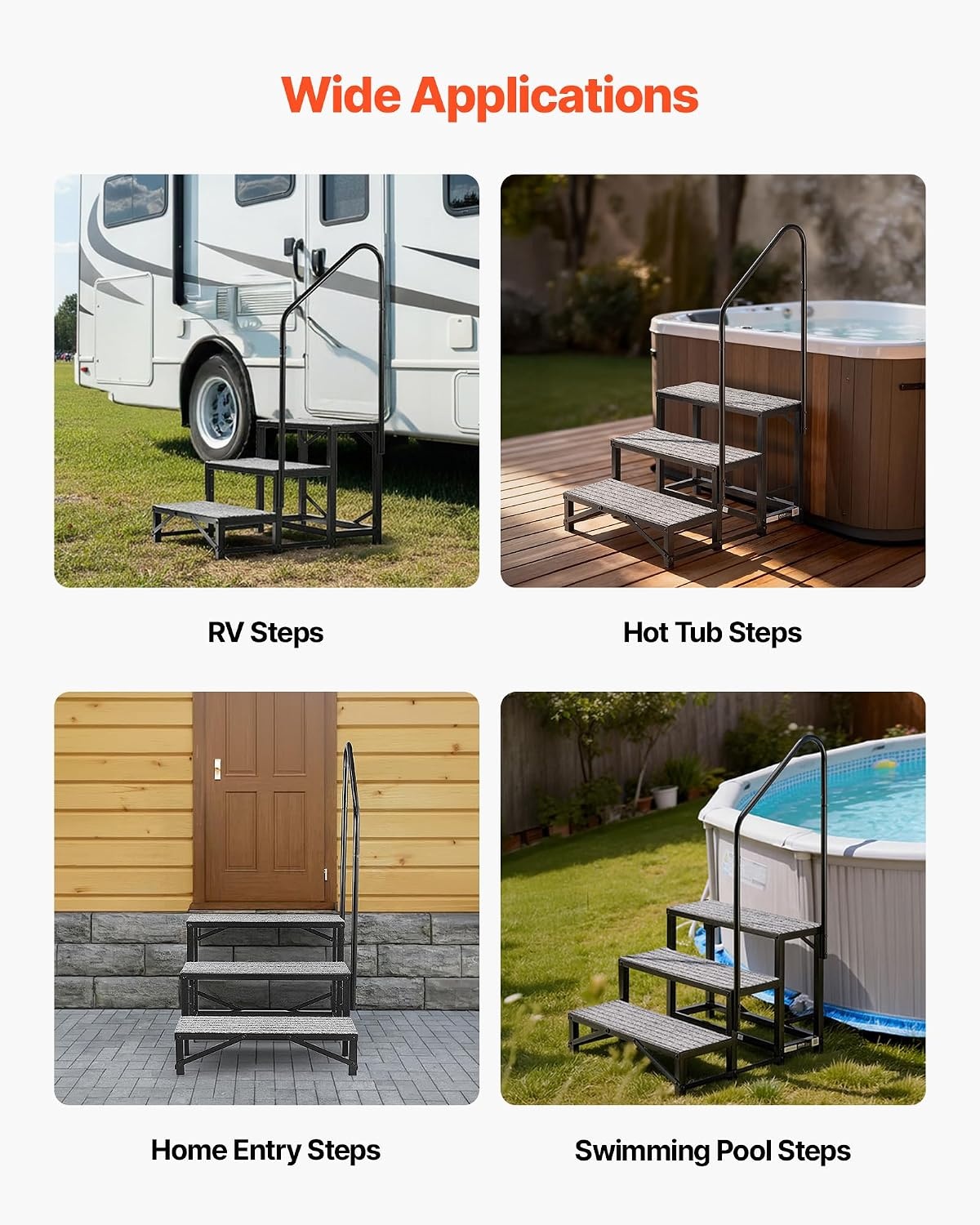 image:imageVEVOR RV Steps with Handrail 4 Steps 660 lbs Load Capacity Heavy Duty Outdoor RV Stairs with NonSlip Mat for Elderly and Pets Portable Stairs for Hot Tub Camper Mobile Home Porch Pool SPA3Step