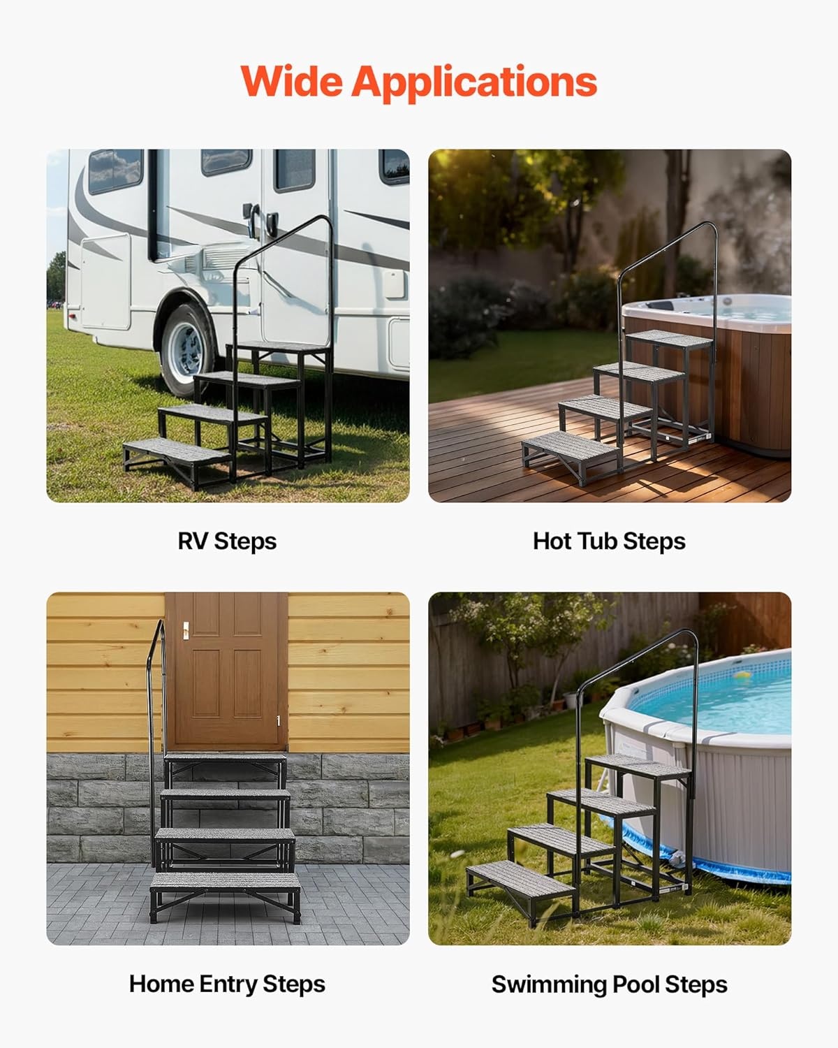 image:imageVEVOR RV Steps with Handrail 4 Steps 660 lbs Load Capacity Heavy Duty Outdoor RV Stairs with NonSlip Mat for Elderly and Pets Portable Stairs for Hot Tub Camper Mobile Home Porch Pool SPA4Step