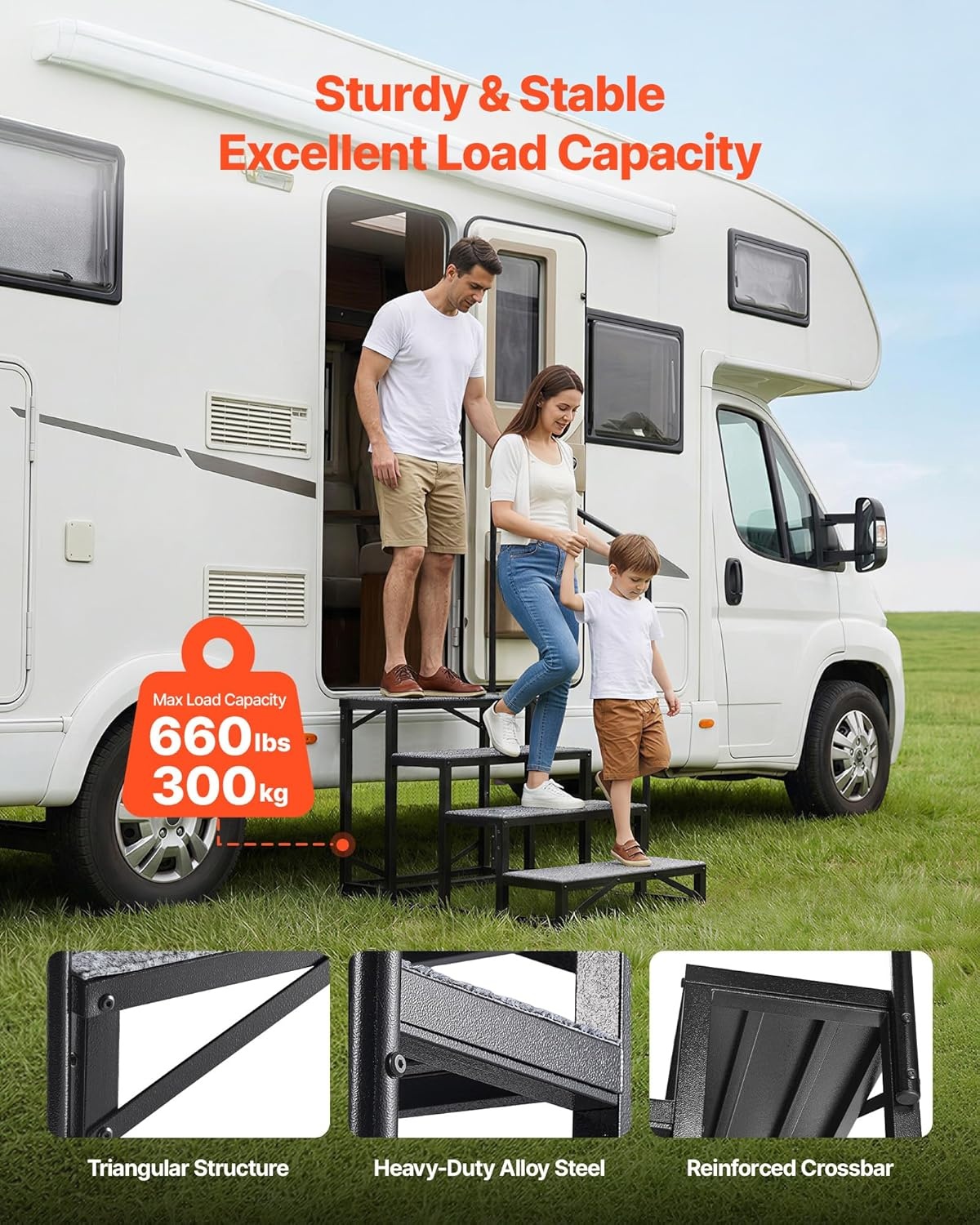 image:imageVEVOR RV Steps with Handrail 4 Steps 660 lbs Load Capacity Heavy Duty Outdoor RV Stairs with NonSlip Mat for Elderly and Pets Portable Stairs for Hot Tub Camper Mobile Home Porch Pool SPA4Step