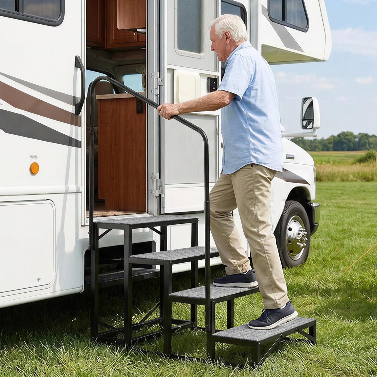 image:imageVEVOR RV Steps with Handrail 4 Steps 660 lbs Load Capacity Heavy Duty Outdoor RV Stairs with NonSlip Mat for Elderly and Pets Portable Stairs for Hot Tub Camper Mobile Home Porch Pool SPA4Step