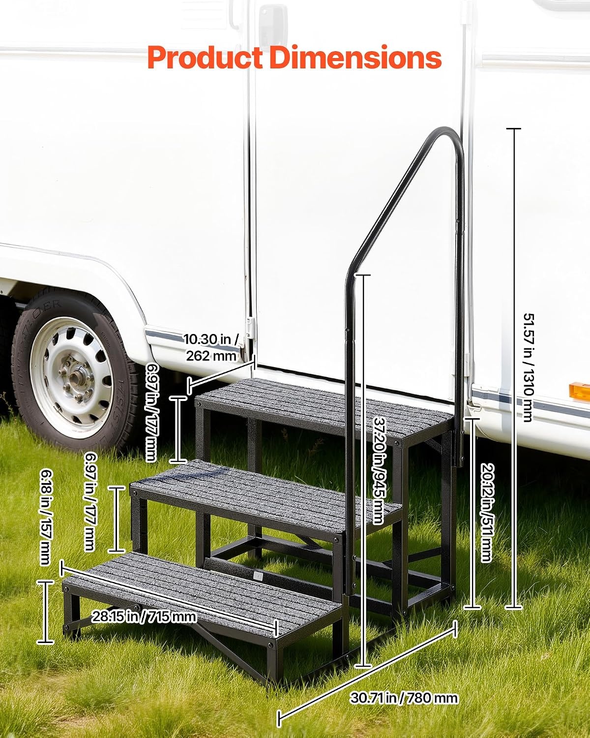 image:imageVEVOR RV Steps with Handrail 4 Steps 660 lbs Load Capacity Heavy Duty Outdoor RV Stairs with NonSlip Mat for Elderly and Pets Portable Stairs for Hot Tub Camper Mobile Home Porch Pool SPA3Step