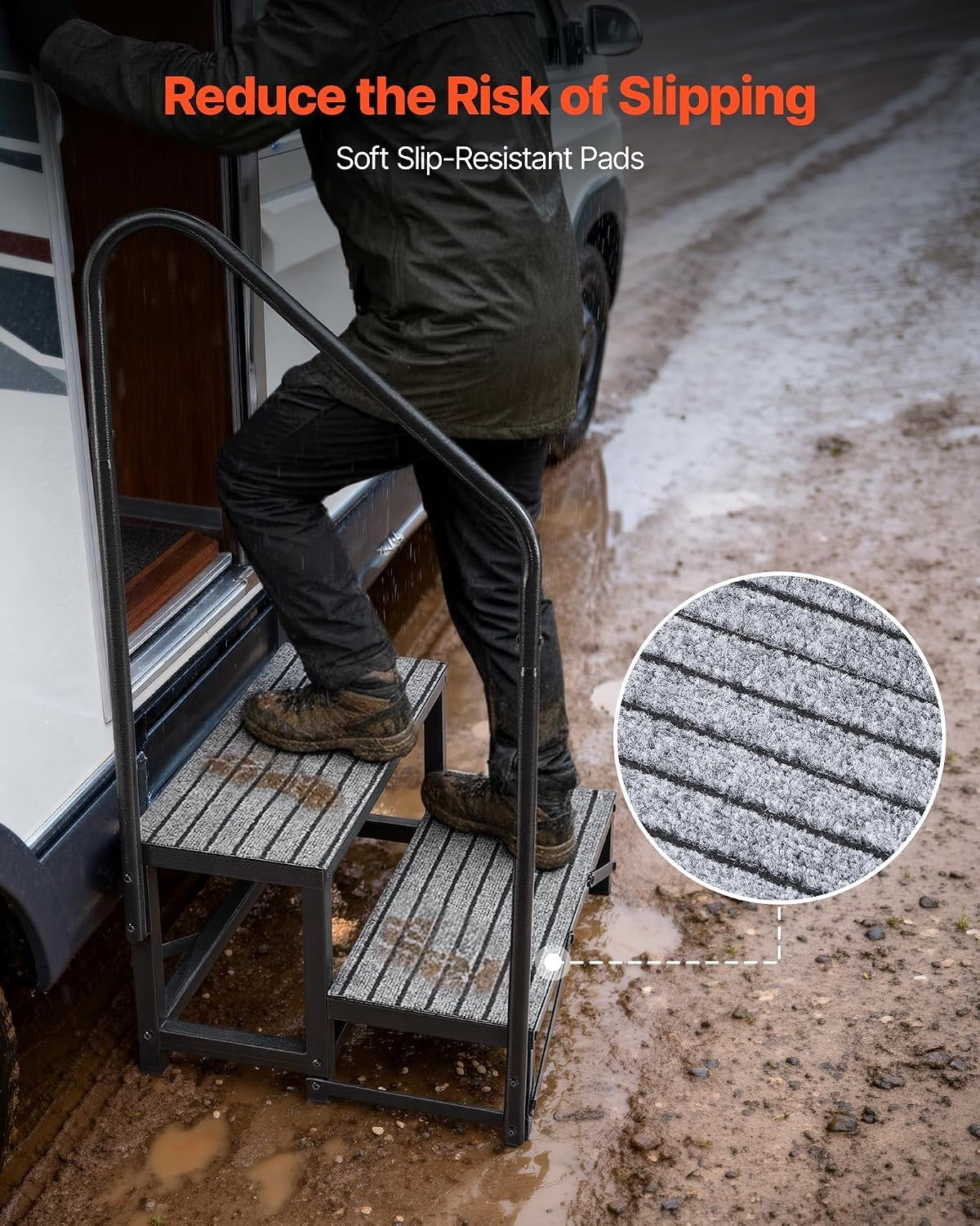 image:imageVEVOR RV Steps with Handrail 4 Steps 660 lbs Load Capacity Heavy Duty Outdoor RV Stairs with NonSlip Mat for Elderly and Pets Portable Stairs for Hot Tub Camper Mobile Home Porch Pool SPA2Step
