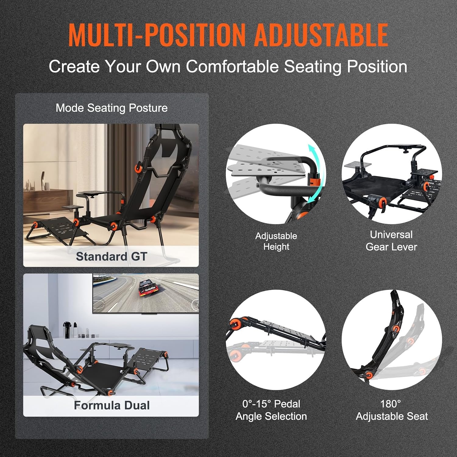 image:imageVEVOR Racing Wheel Stand Foldable Fit for Mainstream Brands Carbon Steel Driving Simulator Cockpit Adjustable Pedal amp DualMode SeatingFit Most Steering Wheels and Pedals