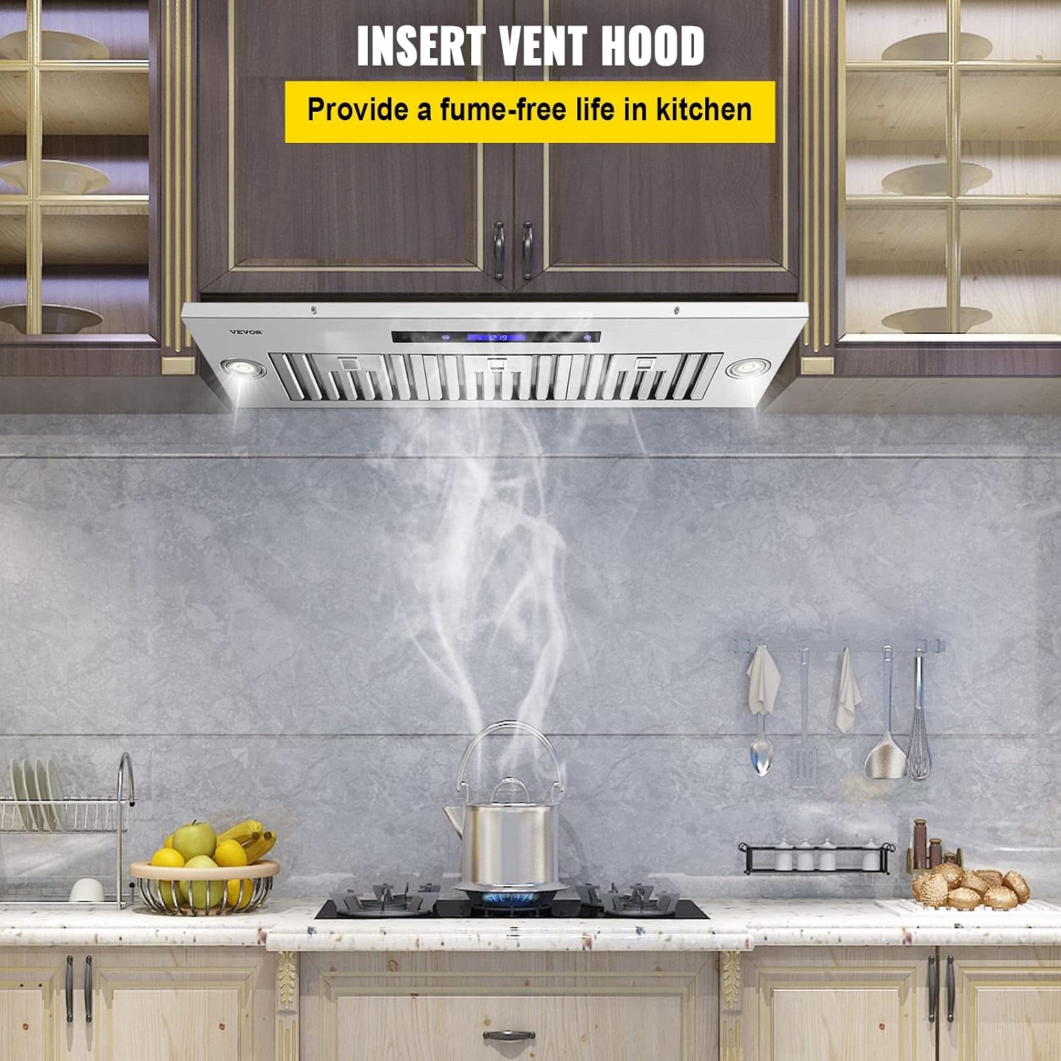 image:imageVEVOR Range Hood Insert 30 Inch Builtin Kitchen Vent Hood 800CFM Stainless Steel Stove Hood with Gesture amp Touch Control LED Light Baffle Filters 4Speed Exhaust Fan DuctedDuctless Convertible4Speed Touch Remote Control 36 Inch900 CFM