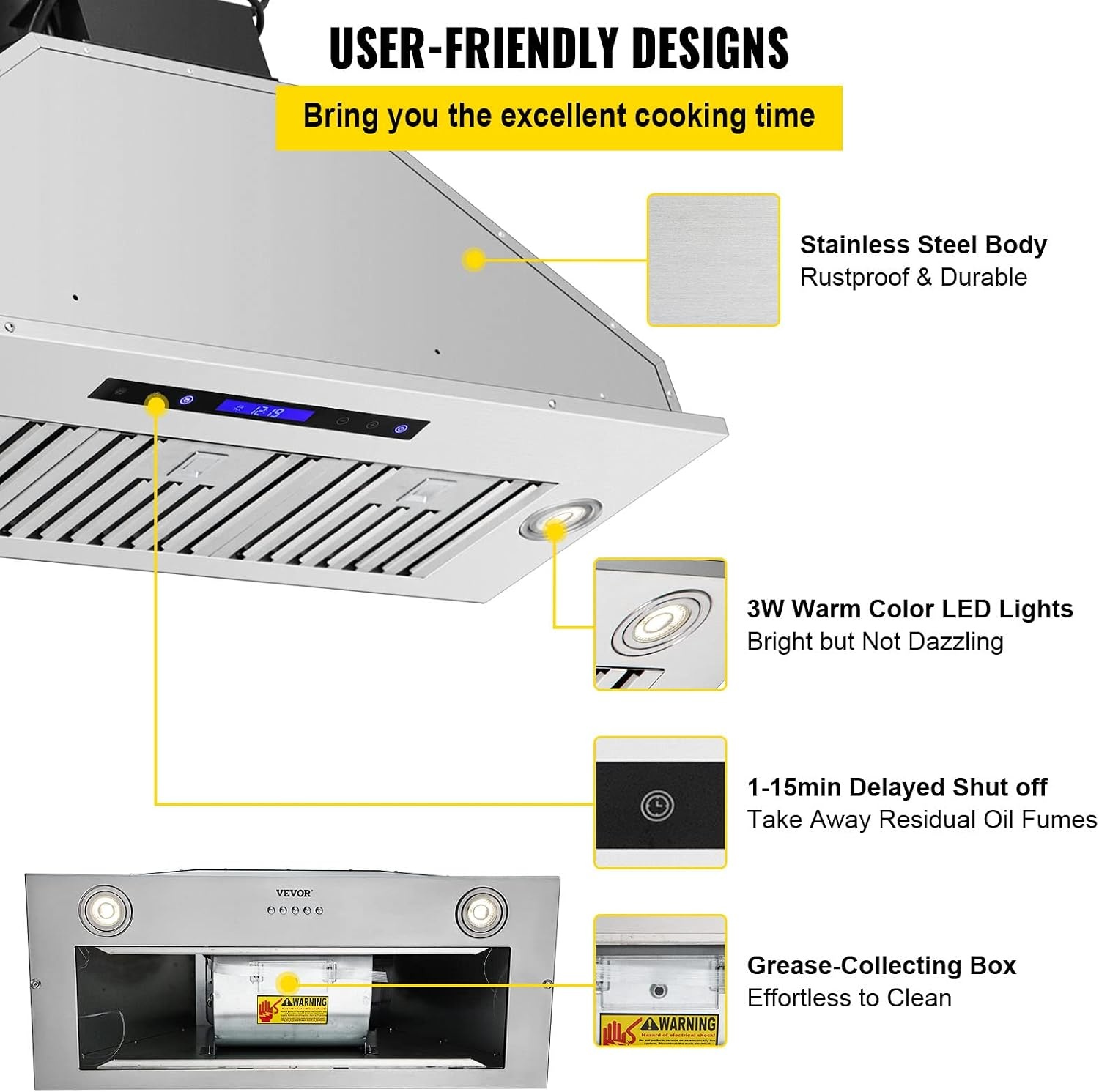 image:imageVEVOR Range Hood Insert 30 Inch Builtin Kitchen Vent Hood 800CFM Stainless Steel Stove Hood with Gesture amp Touch Control LED Light Baffle Filters 4Speed Exhaust Fan DuctedDuctless Convertible4Speed Touch Remote Control 36 Inch900 CFM