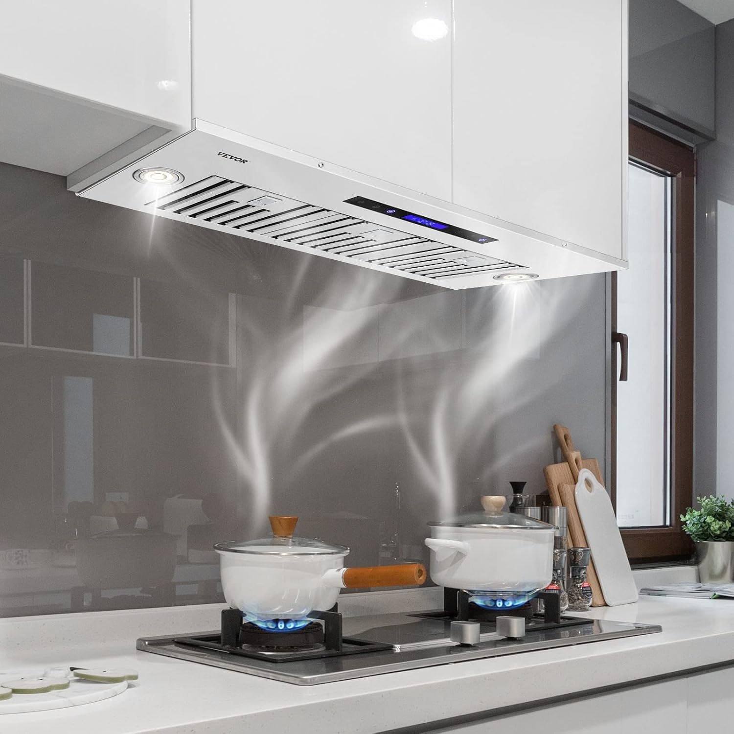 image:imageVEVOR Range Hood Insert 30 Inch Builtin Kitchen Vent Hood 800CFM Stainless Steel Stove Hood with Gesture amp Touch Control LED Light Baffle Filters 4Speed Exhaust Fan DuctedDuctless Convertible4Speed Touch Remote Control 36 Inch900 CFM