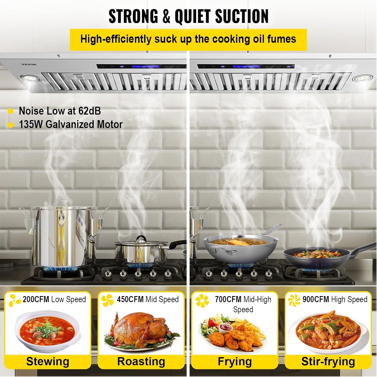 image:imageVEVOR Range Hood Insert 30 Inch Builtin Kitchen Vent Hood 800CFM Stainless Steel Stove Hood with Gesture amp Touch Control LED Light Baffle Filters 4Speed Exhaust Fan DuctedDuctless Convertible4Speed Touch Remote Control 36 Inch900 CFM