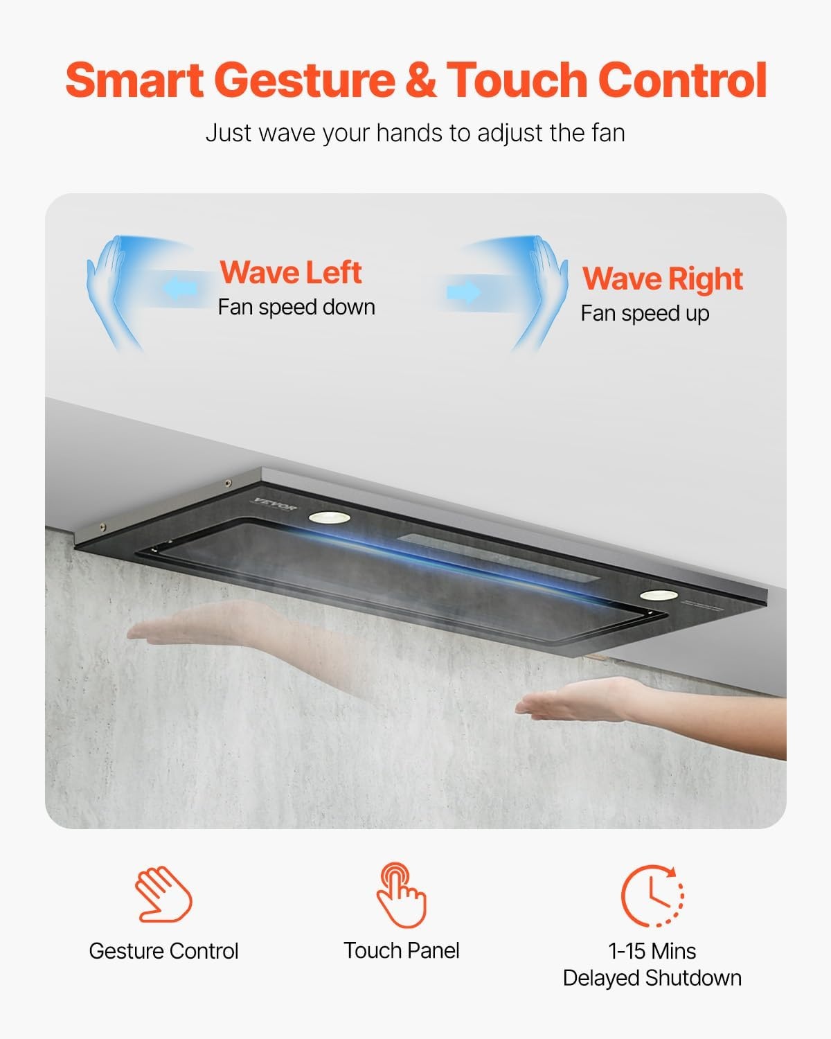 image:imageVEVOR Range Hood Insert 30 Inch Builtin Kitchen Vent Hood 800CFM Stainless Steel Stove Hood with Gesture amp Touch Control LED Light Baffle Filters 4Speed Exhaust Fan DuctedDuctless Convertible4Speed Gesture Touch Control 30 Inch800 CFM
