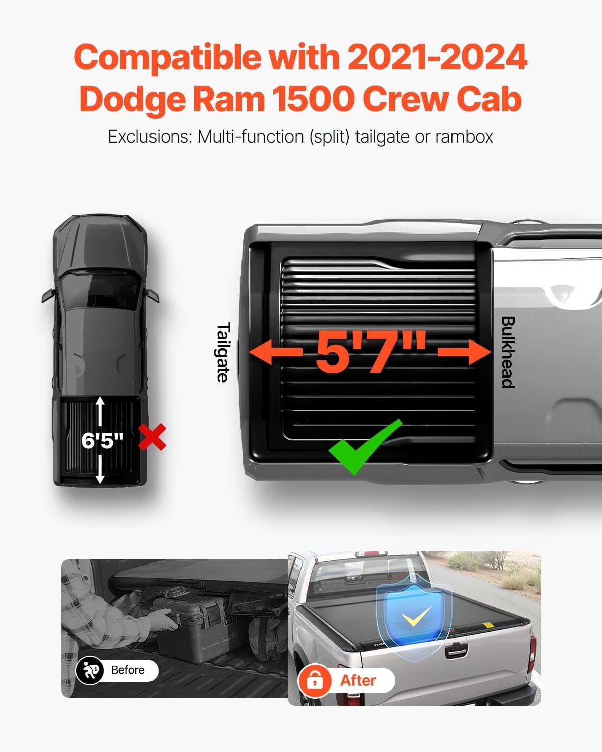 image:imageVEVOR Retractable Tonneau Cover 57 ft Hard Retractable Tonneau Cover with Builtin Drainage Pipe for 20212024 Dodge Ram 1500 Crew Cab Customized Design with DoubleLock amp TSlotHard Automatic Retract