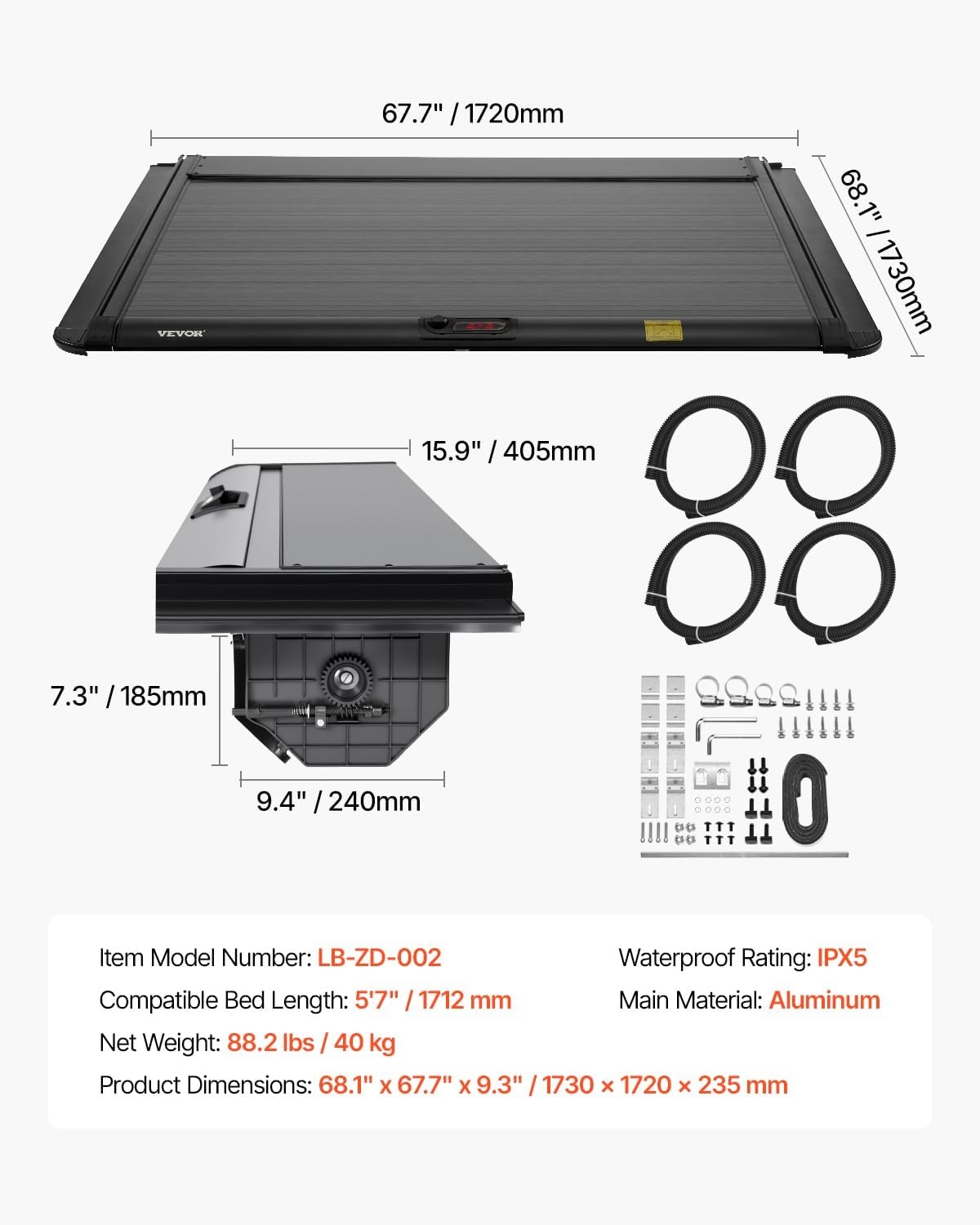 image:imageVEVOR Retractable Tonneau Cover 57 ft Hard Retractable Tonneau Cover with Builtin Drainage Pipe for 20212024 Dodge Ram 1500 Crew Cab Customized Design with DoubleLock amp TSlotHard Automatic Retract