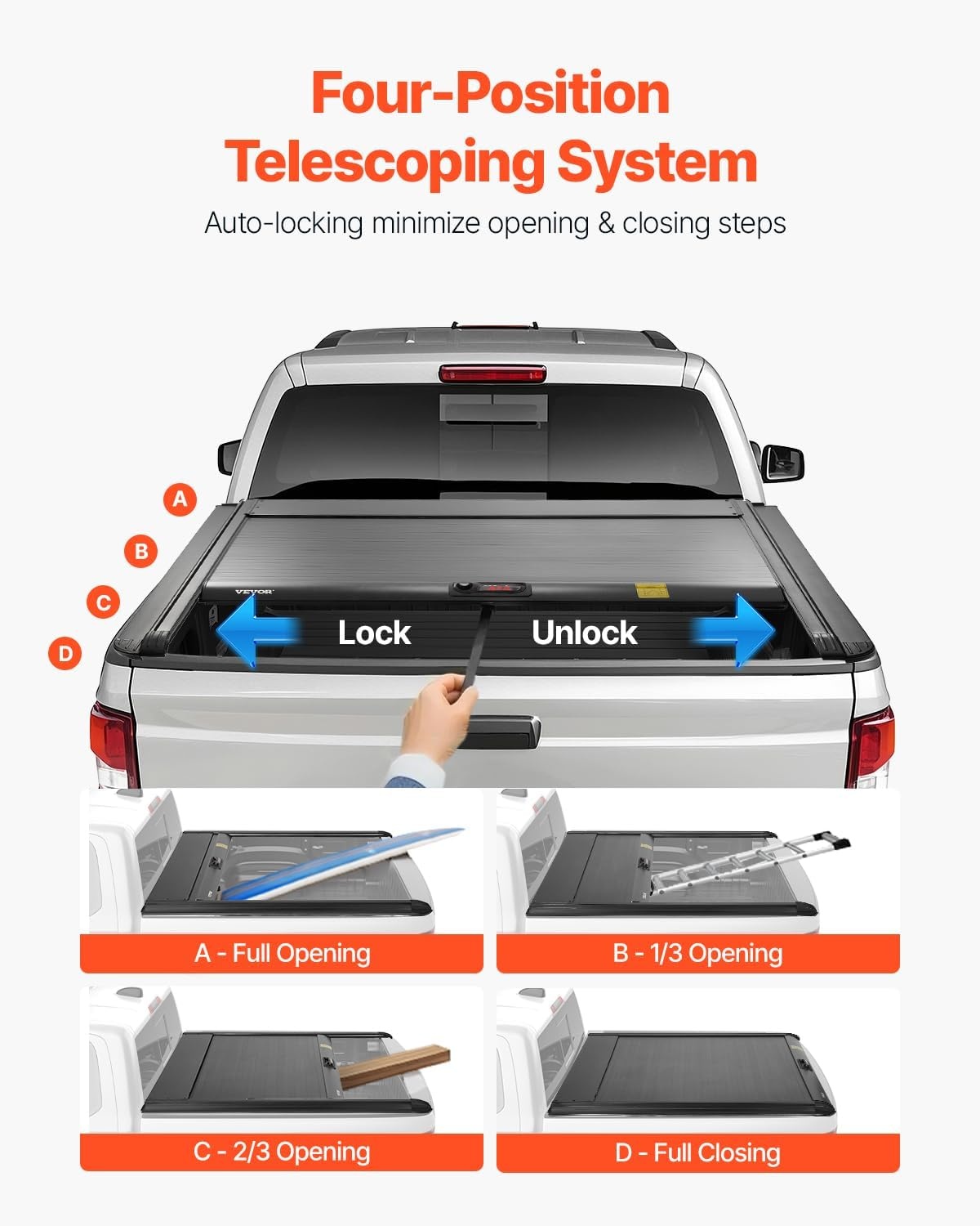 image:imageVEVOR Retractable Tonneau Cover 57 ft Hard Retractable Tonneau Cover with Builtin Drainage Pipe for 20212024 Dodge Ram 1500 Crew Cab Customized Design with DoubleLock amp TSlotHard Automatic Retract