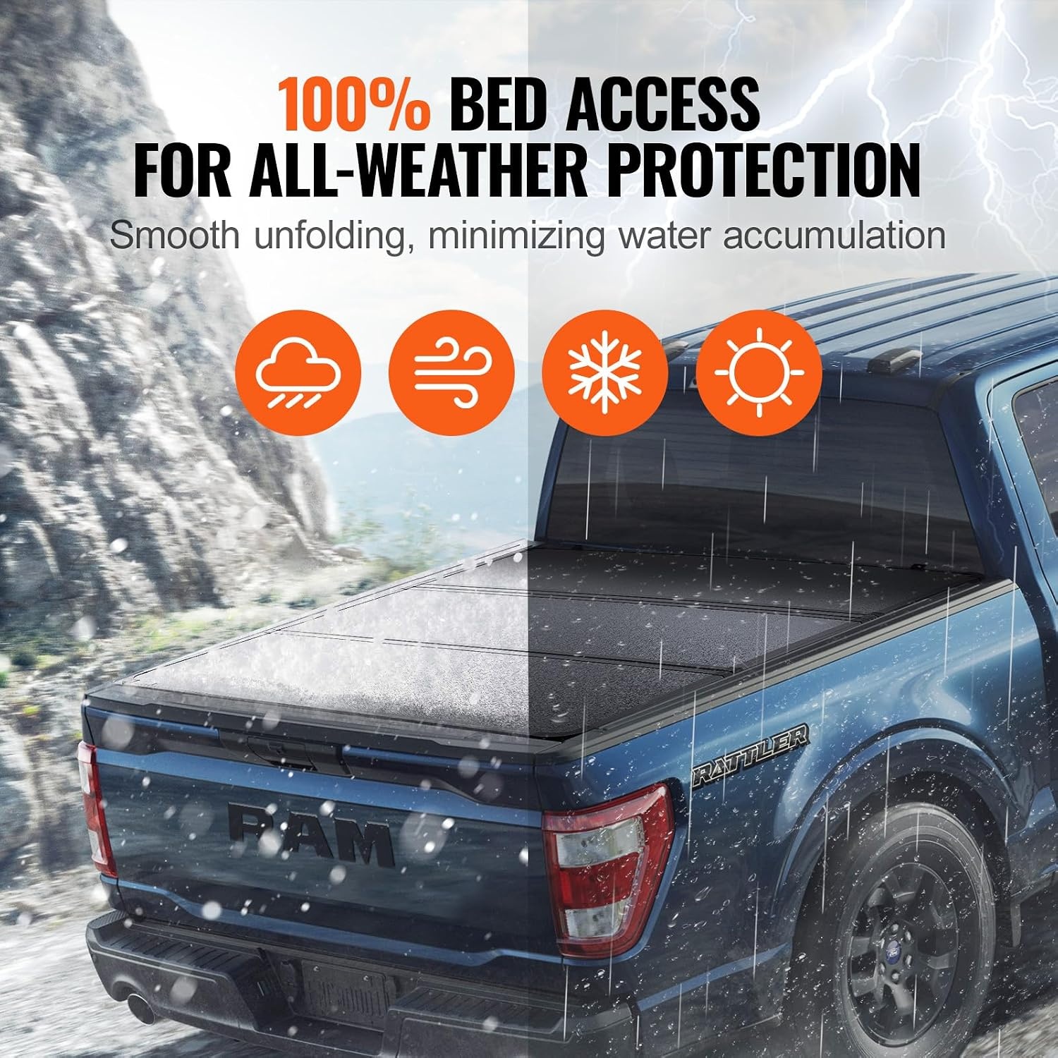 image:imageVEVOR Retractable Tonneau Cover 57 ft Hard Retractable Tonneau Cover with Builtin Drainage Pipe for 20212024 Dodge Ram 1500 Crew Cab Customized Design with DoubleLock amp TSlotHard Trifold