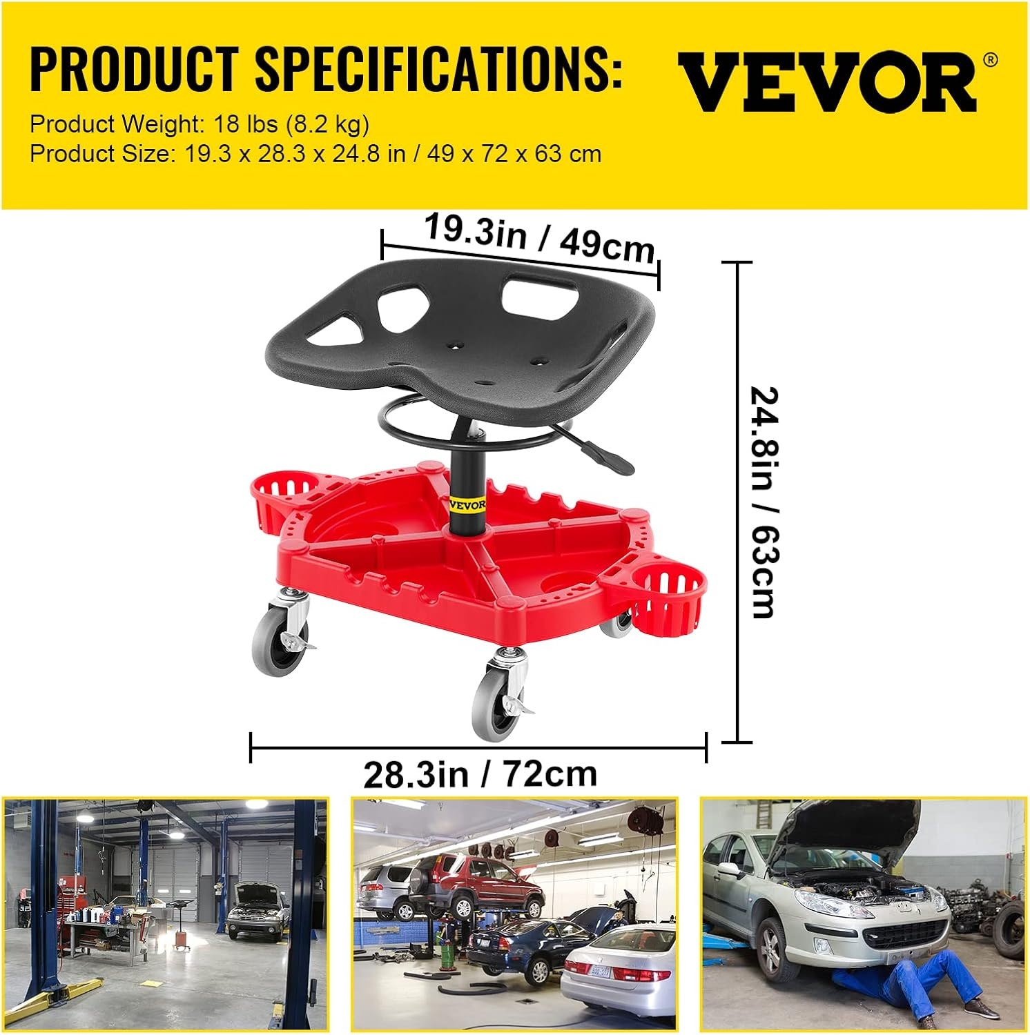 image:imageVEVOR Rolling Garage Stool 300LBS Capacity Adjustable Height from 24 in to 287 in Mechanic Seat with 360degree Swivel Wheels and Tool Tray for Workshop Auto Repair Shop Yellow Leather Mechanic Garage Seat with 360Degree Swivel Wheels and Tool Tray for Workshop Auto Repair Shop Home Use YellowRed