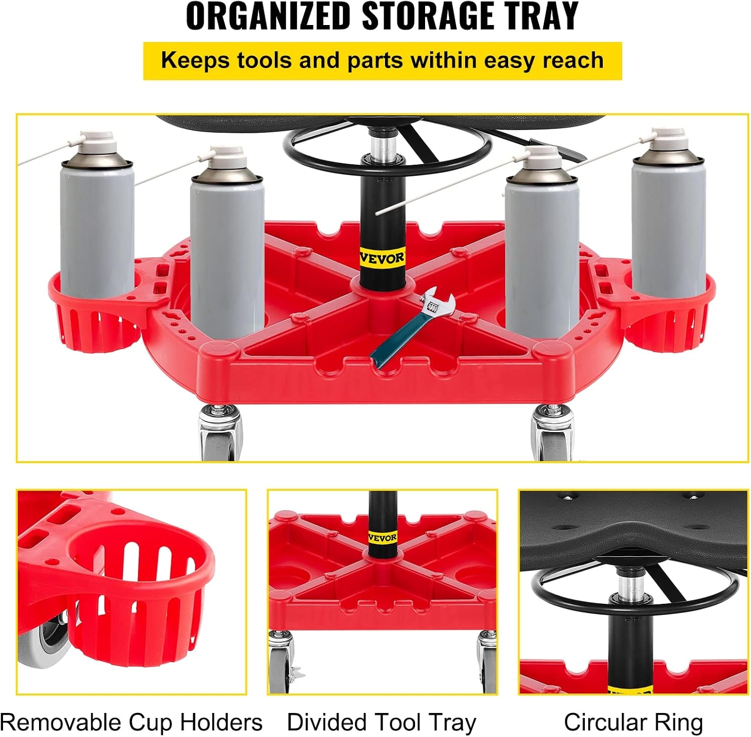 image:imageVEVOR Rolling Garage Stool 300LBS Capacity Adjustable Height from 24 in to 287 in Mechanic Seat with 360degree Swivel Wheels and Tool Tray for Workshop Auto Repair Shop Yellow Leather Mechanic Garage Seat with 360Degree Swivel Wheels and Tool Tray for Workshop Auto Repair Shop Home Use YellowRed