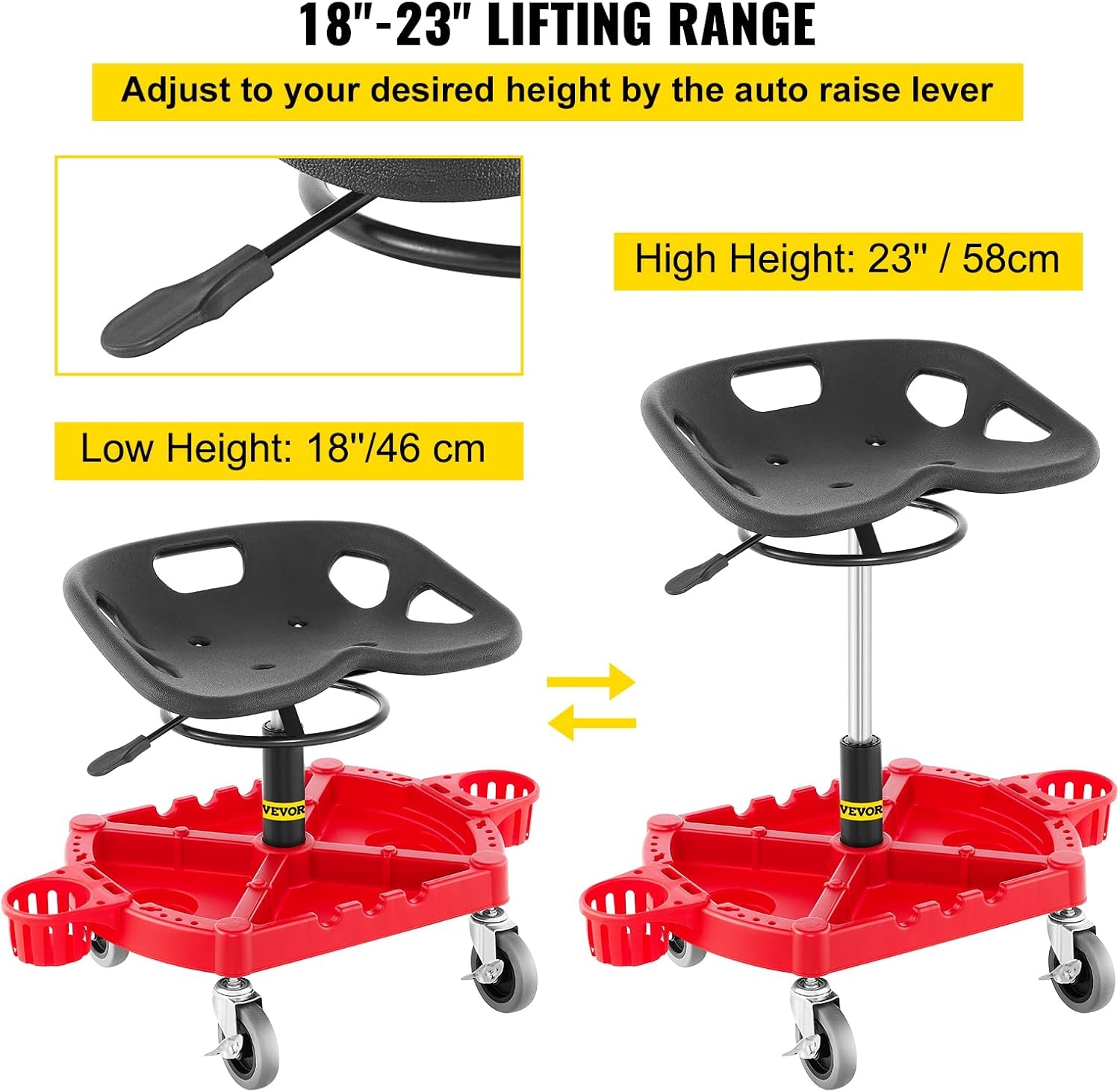 image:imageVEVOR Rolling Garage Stool 300LBS Capacity Adjustable Height from 24 in to 287 in Mechanic Seat with 360degree Swivel Wheels and Tool Tray for Workshop Auto Repair Shop Yellow Leather Mechanic Garage Seat with 360Degree Swivel Wheels and Tool Tray for Workshop Auto Repair Shop Home Use YellowRed