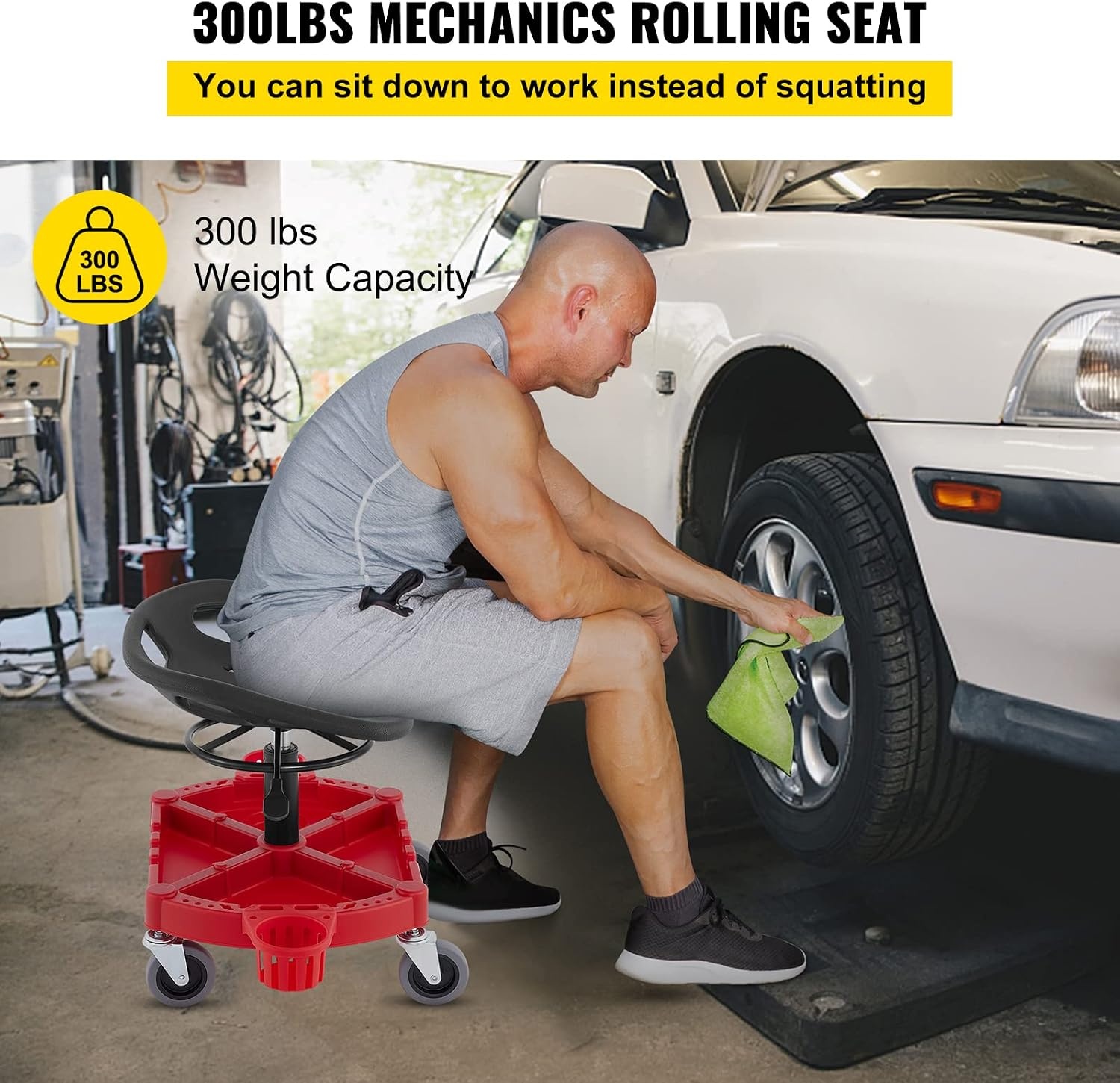 image:imageVEVOR Rolling Garage Stool 300LBS Capacity Adjustable Height from 24 in to 287 in Mechanic Seat with 360degree Swivel Wheels and Tool Tray for Workshop Auto Repair Shop Yellow Leather Mechanic Garage Seat with 360Degree Swivel Wheels and Tool Tray for Workshop Auto Repair Shop Home Use YellowRed