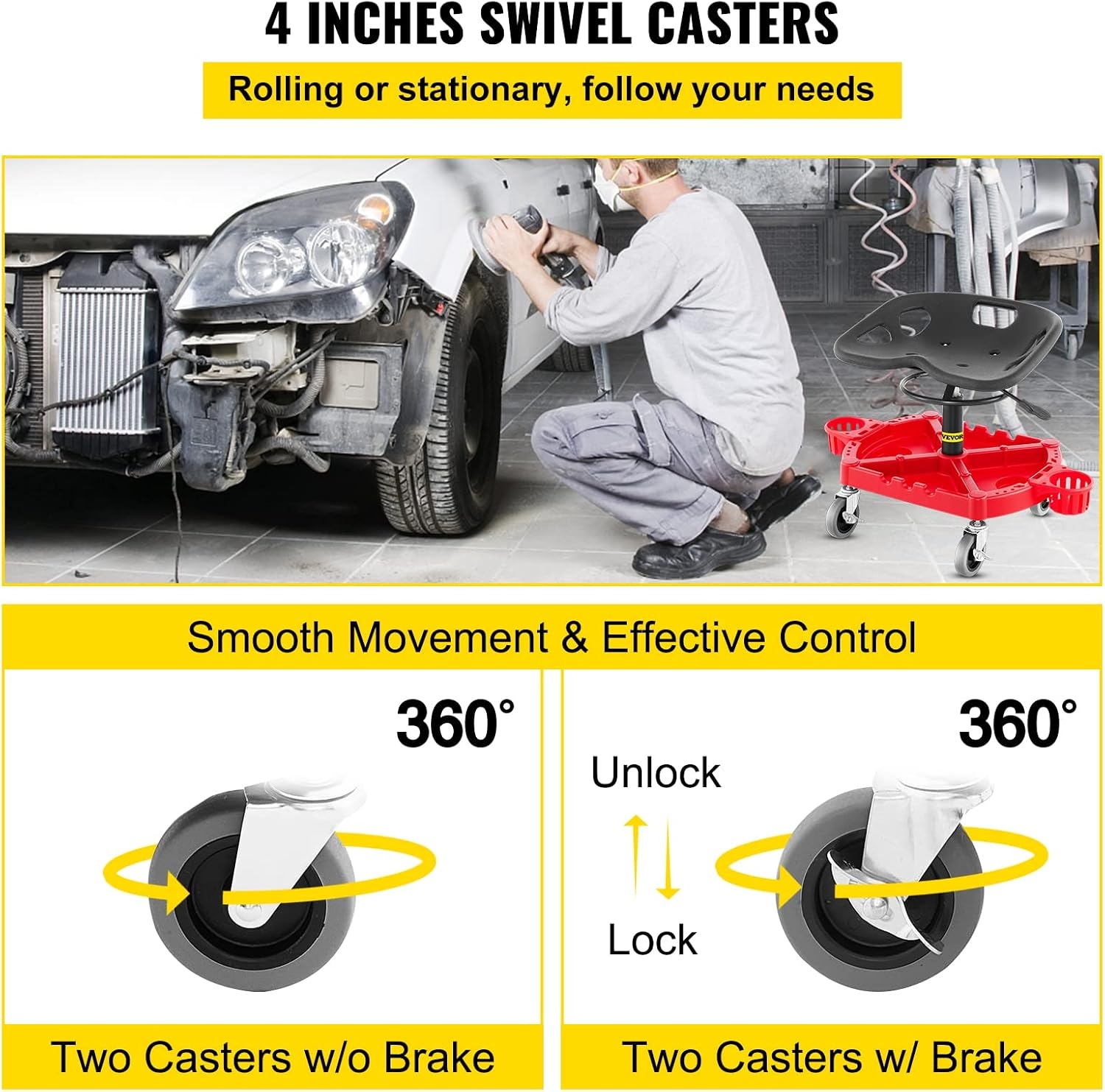 image:imageVEVOR Rolling Garage Stool 300LBS Capacity Adjustable Height from 24 in to 287 in Mechanic Seat with 360degree Swivel Wheels and Tool Tray for Workshop Auto Repair Shop Yellow Leather Mechanic Garage Seat with 360Degree Swivel Wheels and Tool Tray for Workshop Auto Repair Shop Home Use YellowRed
