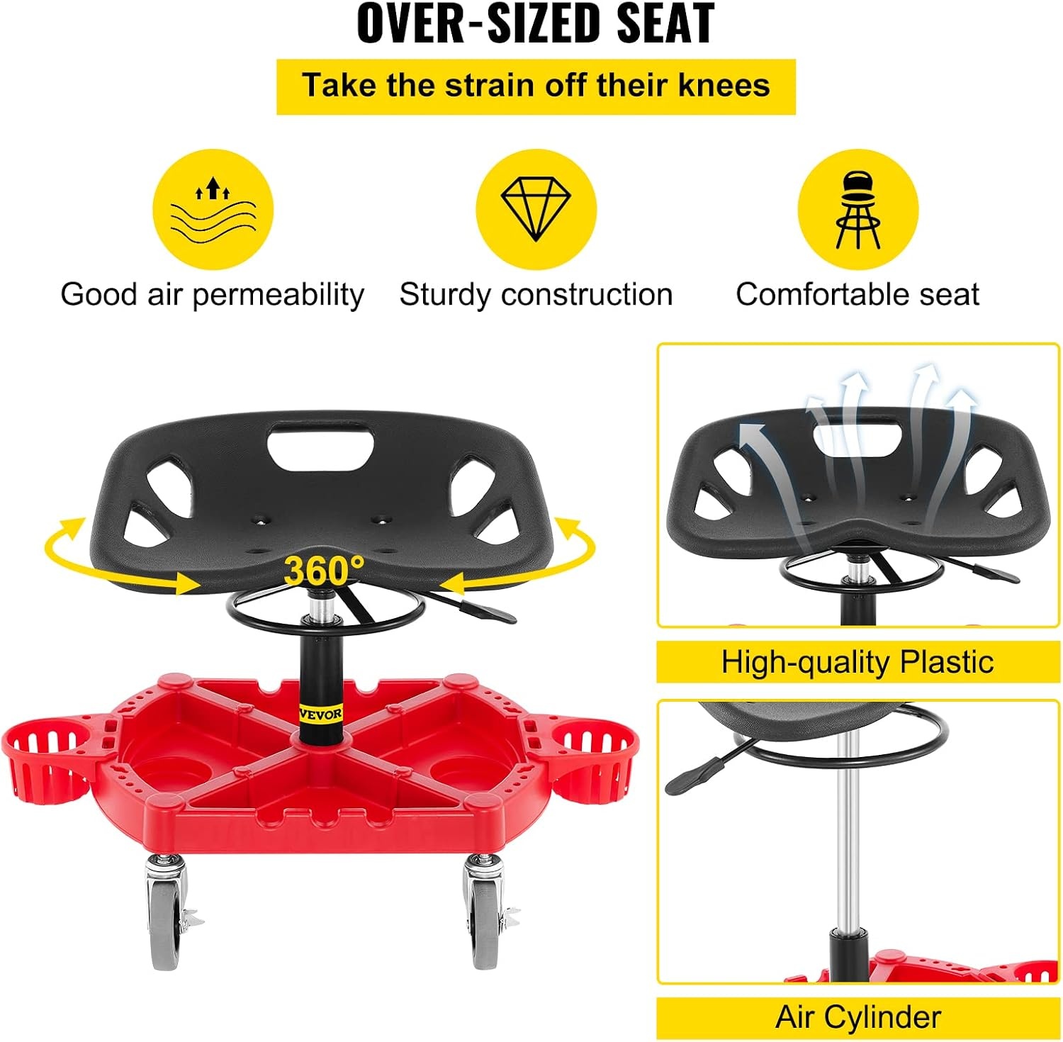 image:imageVEVOR Rolling Garage Stool 300LBS Capacity Adjustable Height from 24 in to 287 in Mechanic Seat with 360degree Swivel Wheels and Tool Tray for Workshop Auto Repair Shop Yellow Leather Mechanic Garage Seat with 360Degree Swivel Wheels and Tool Tray for Workshop Auto Repair Shop Home Use YellowRed