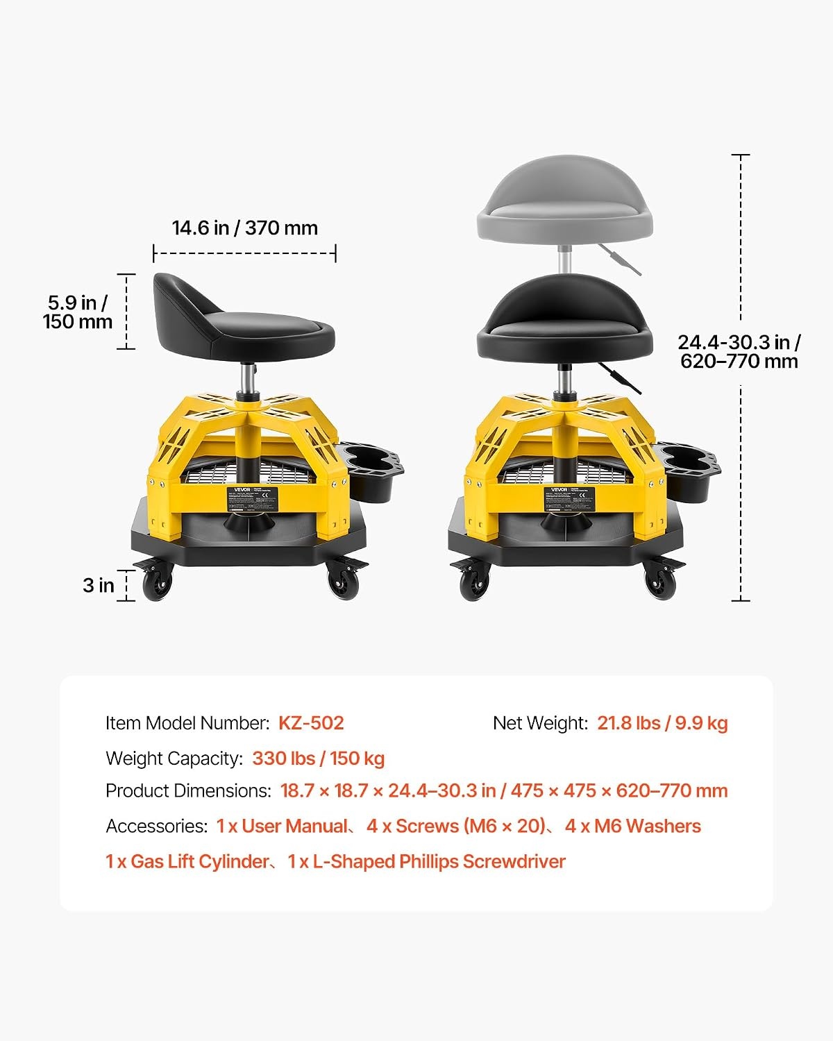 image:imageVEVOR Rolling Shop Stool with Wheels 197256 Adjustable Height 360 Swivel 330 lbs Capacity Garage Work Mechanic Stool with Backrest Tool Tray Storage Padded Seat Shop Chair BlackYellowYellow