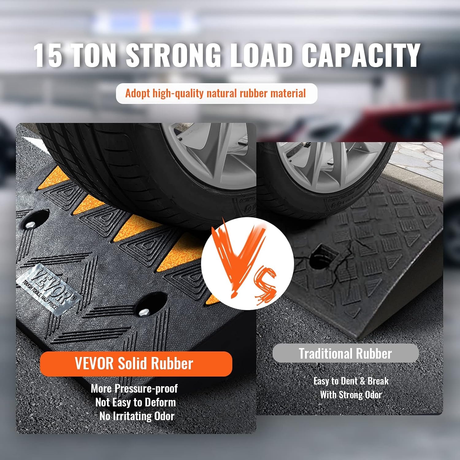 image:imageVEVOR Rubber Curb Ramp 425 Rise Height 118 Width 197 Length Driveway Ramp for Curb 15T Heavy Duty for Forklifts Trucks Buses Cars Wheelchairs Bikes425 H x 197 L