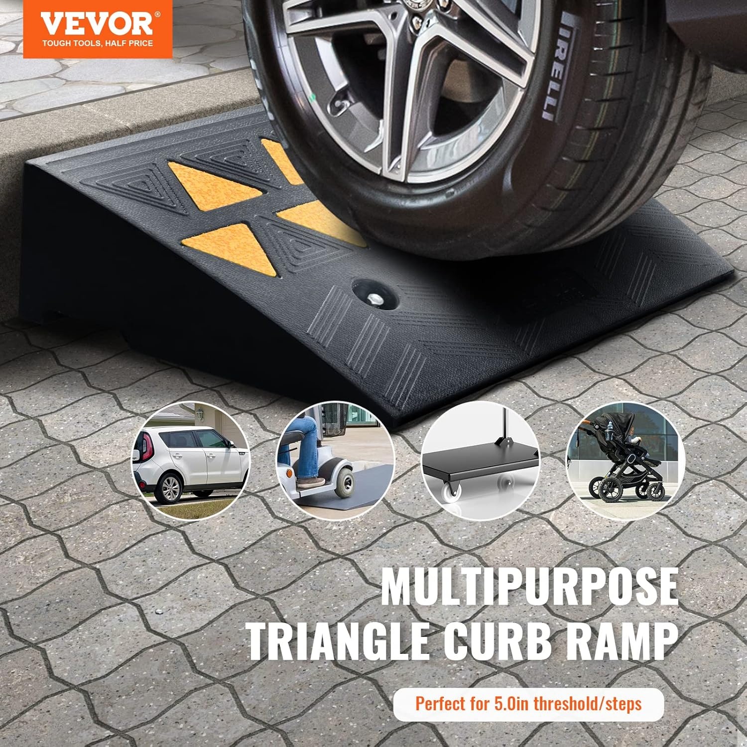image:imageVEVOR Rubber Curb Ramp 5 Rise Height 2 Pack HeavyDuty 33069 lbs15 T Capacity Threshold Ramps Rubber Driveway Ramps for Cars Carts Dollies Motorcycle Bikes Wheelchairs5 H