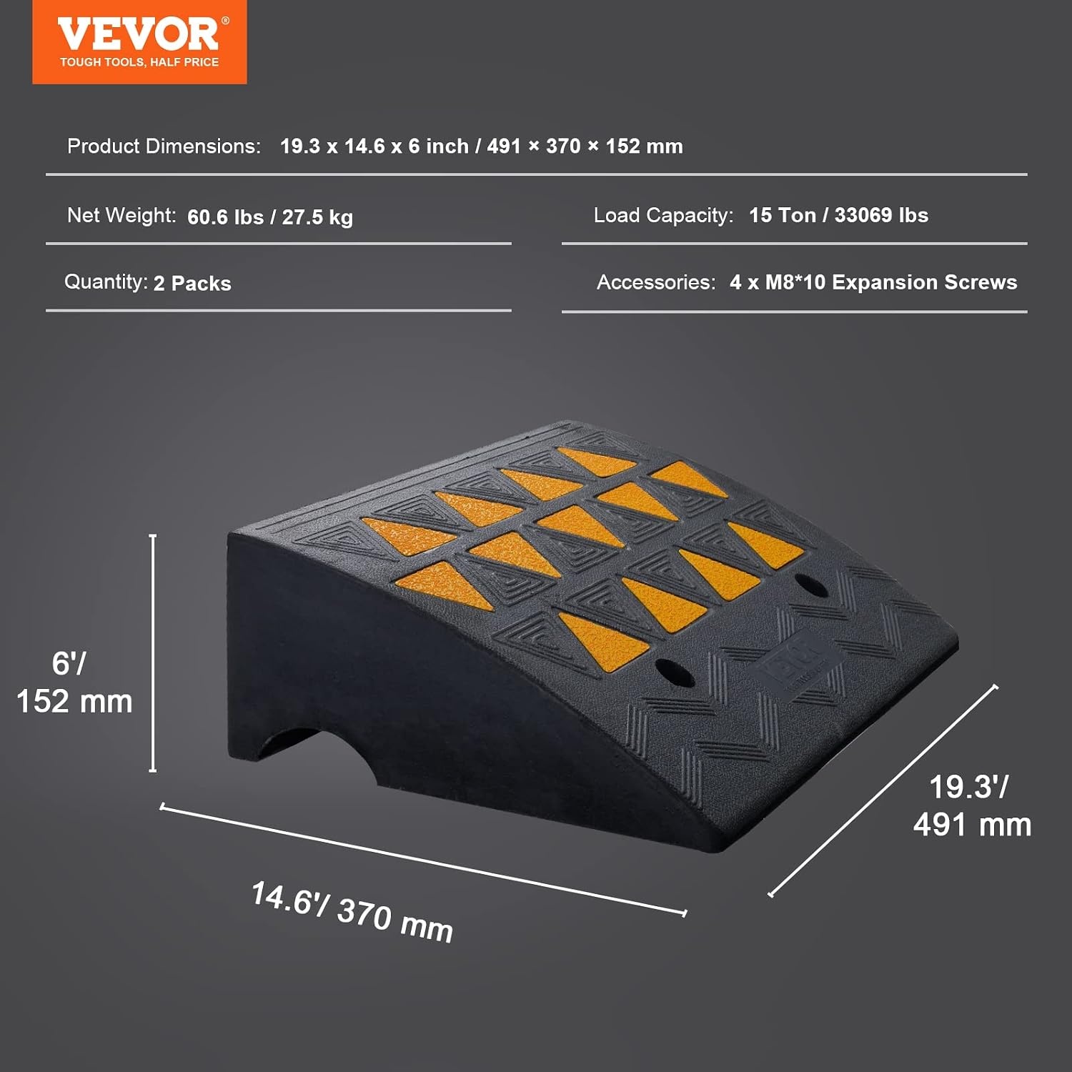 image:imageVEVOR Rubber Curb Ramp 5 Rise Height 2 Pack HeavyDuty 33069 lbs15 T Capacity Threshold Ramps Rubber Driveway Ramps for Cars Carts Dollies Motorcycle Bikes Wheelchairs6 H