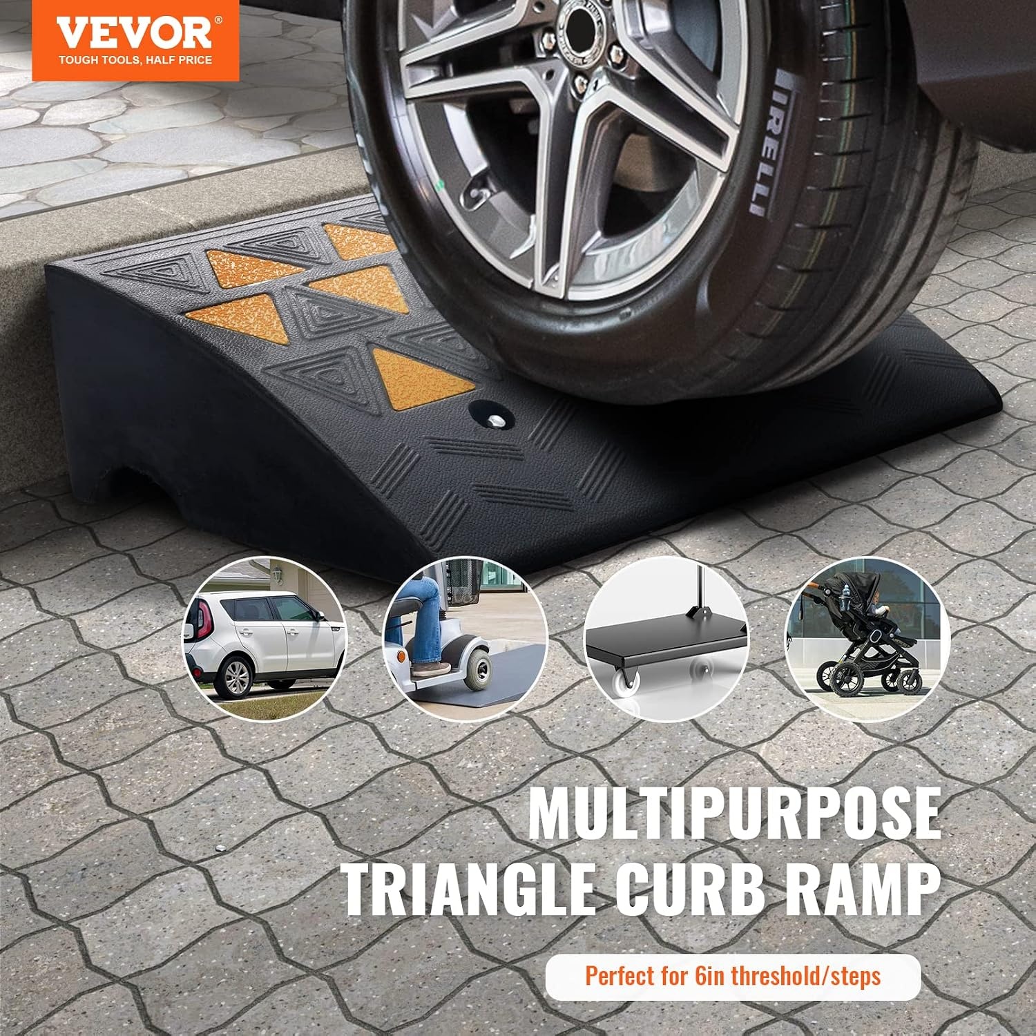 image:imageVEVOR Rubber Curb Ramp 5 Rise Height 2 Pack HeavyDuty 33069 lbs15 T Capacity Threshold Ramps Rubber Driveway Ramps for Cars Carts Dollies Motorcycle Bikes Wheelchairs6 H