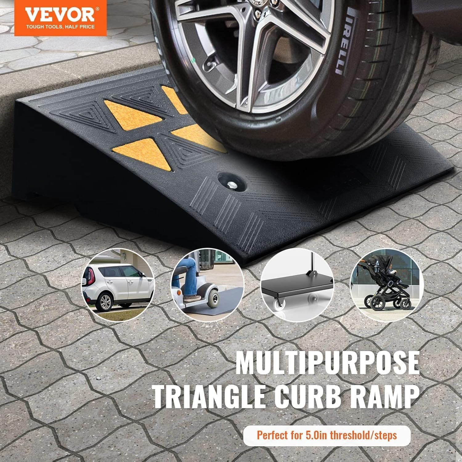 image:imageVEVOR Rubber Curb Ramp 6 Rise Height Sidewalk Threshold Ramp 146 Width 193 Length Driveway Ramp 33069 lbs Load Capacity for Curb for Forklifts Trucks Buses Cars Wheelchairs Bike4 H