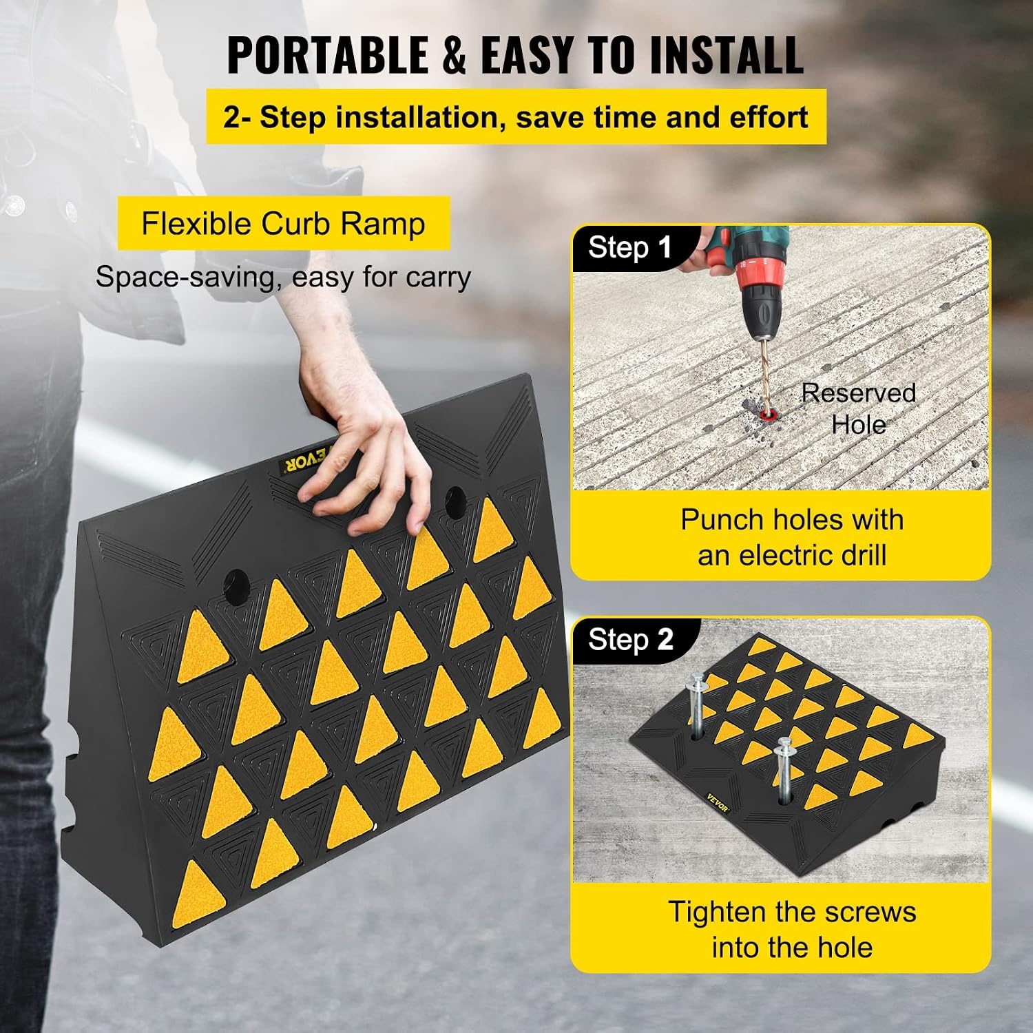 image:imageVEVOR Rubber Curb Ramp 6 Rise Height Sidewalk Threshold Ramp 146 Width 193 Length Driveway Ramp 33069 lbs Load Capacity for Curb for Forklifts Trucks Buses Cars Wheelchairs Bike5 H
